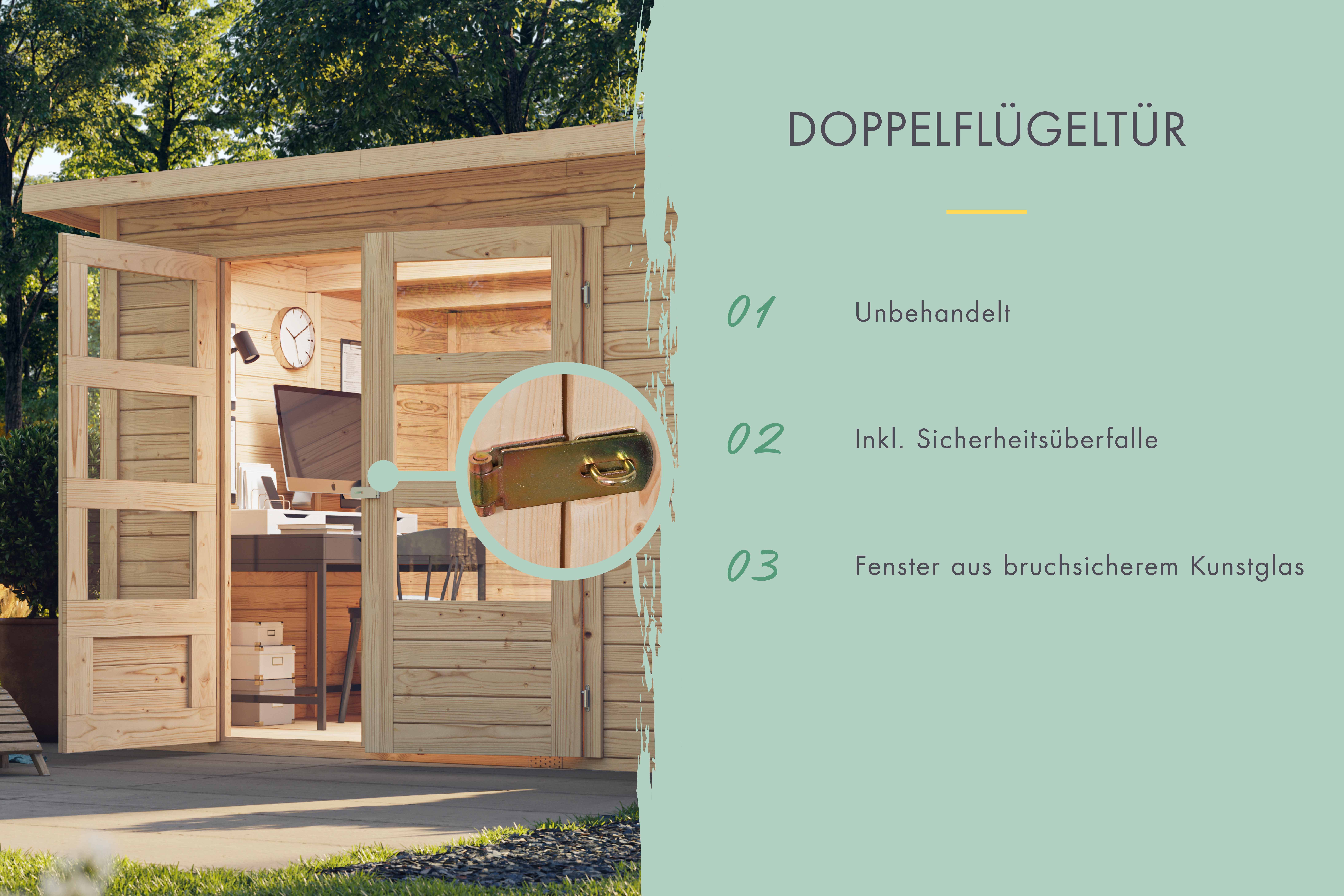 Doppelflügeltür des Karibu großes Gerätehaus Retola 6 mit Zylinderschloss und Kunstglas