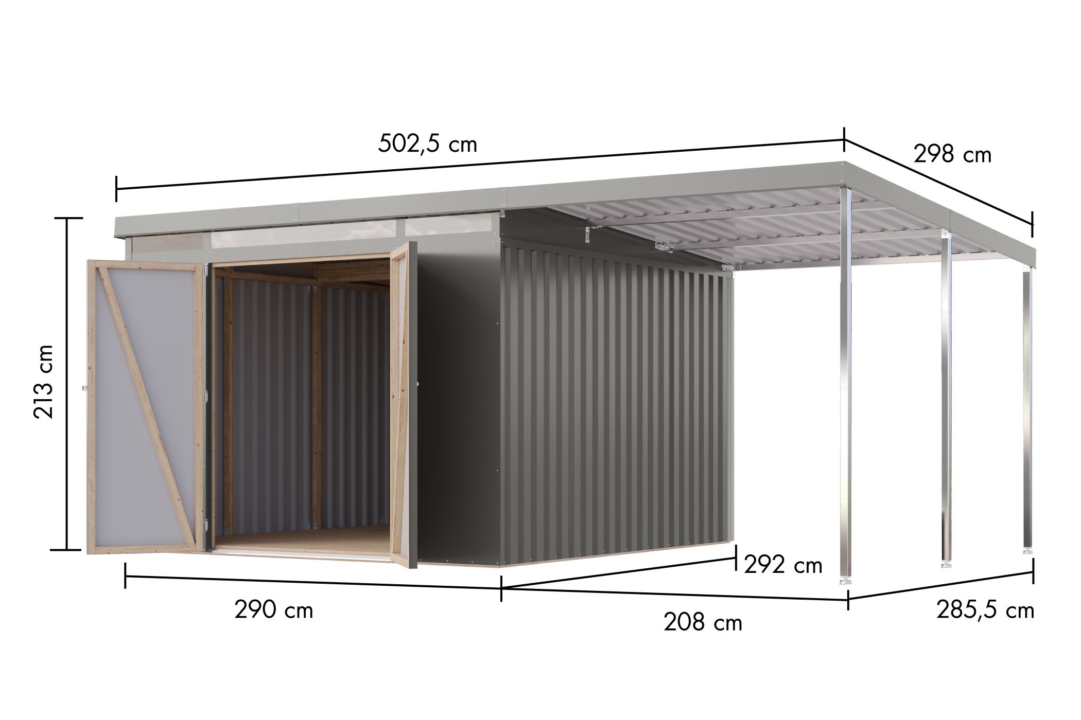Bemaßte Maßzeichnung des Karibu großes Gerätehaus aus Metall Iridium 3,5, 497 × 292 cm