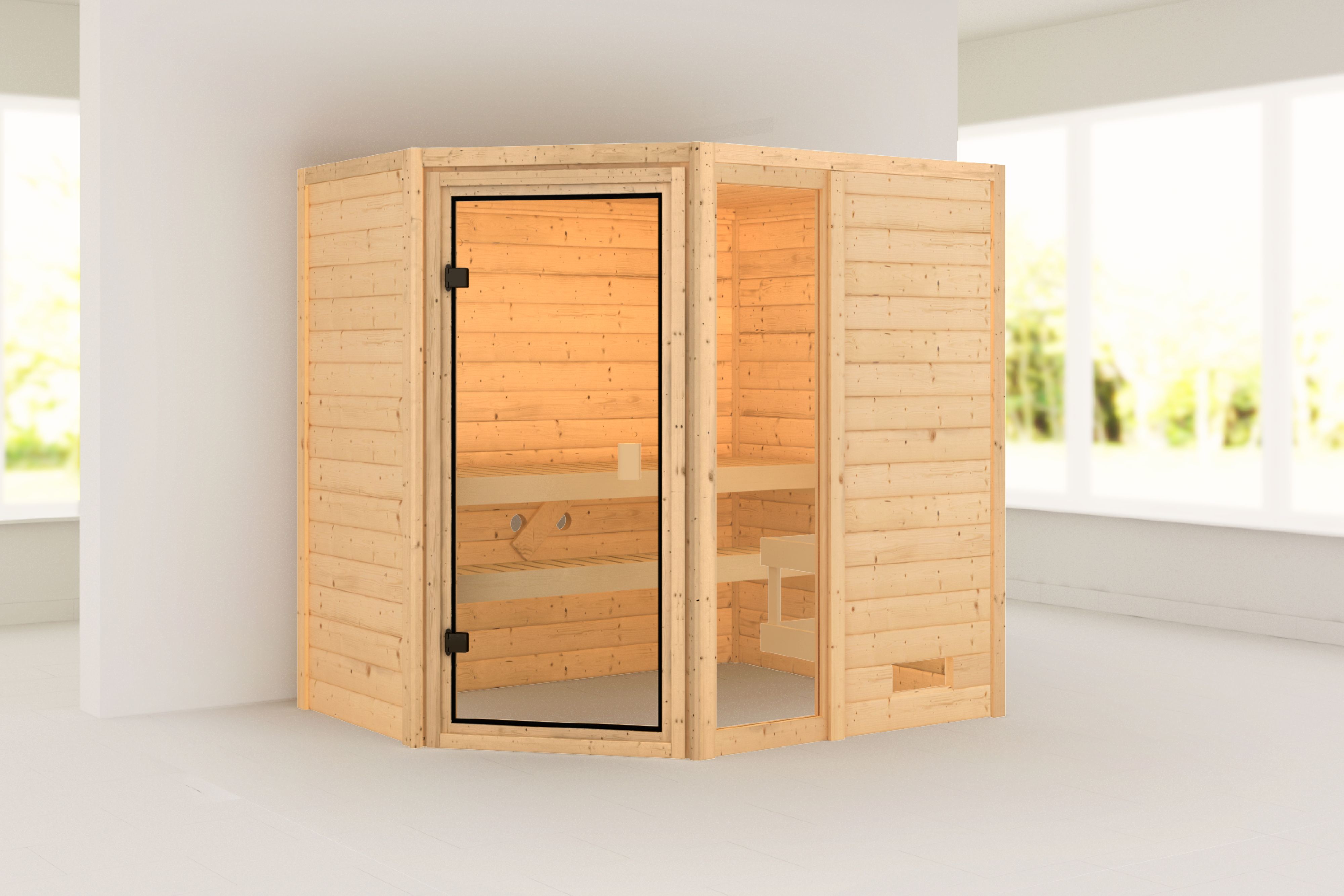 Außenansicht der Karibu Sauna Valida 2 Eckeinstieg mit Fenster aus nordischer Fichte mit Ganzglastür und Fronteinstieg