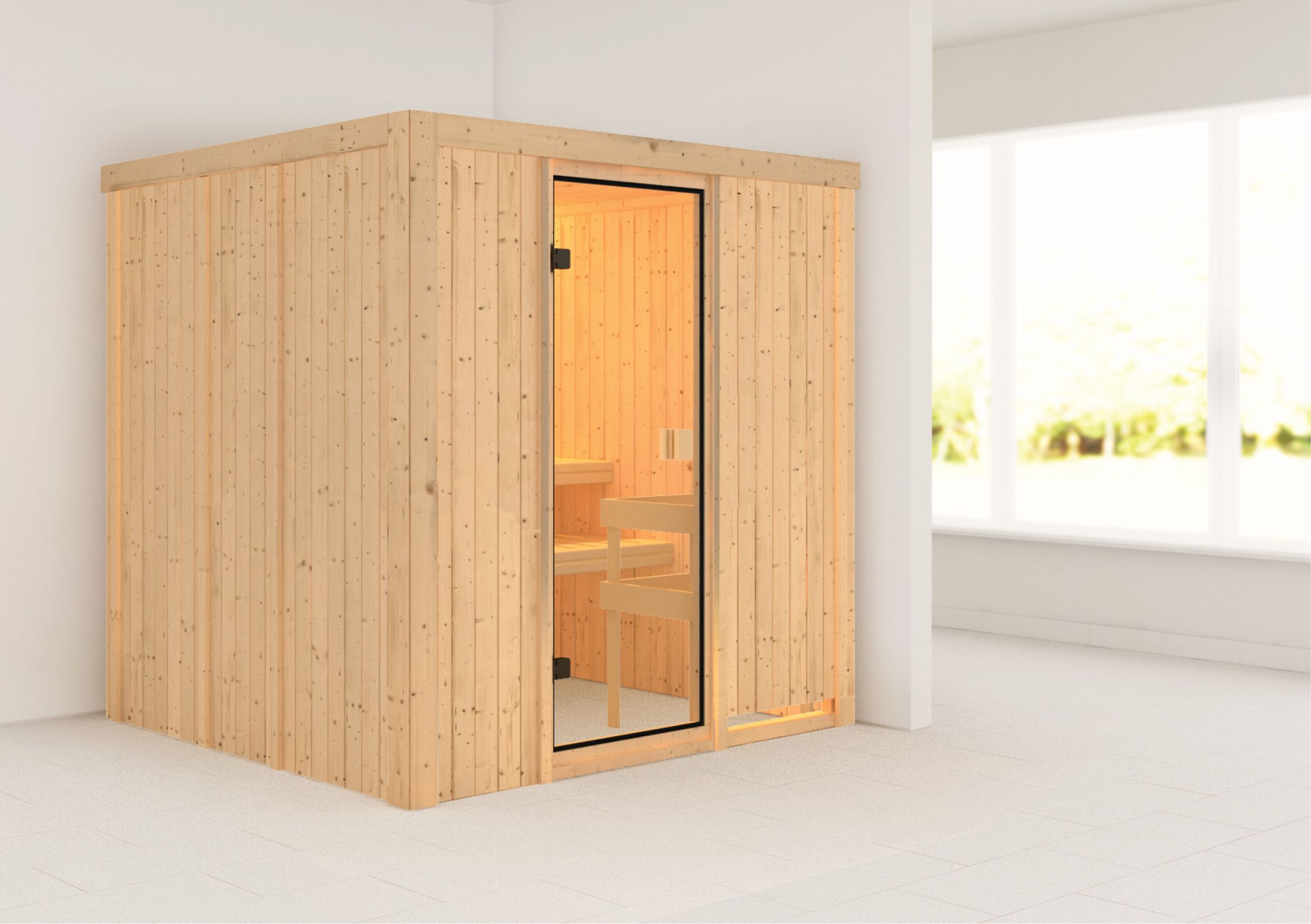 Außenansicht der Karibu Sauna Tromsö aus nordischer Fichte mit Ganzglastür und Fronteinstieg