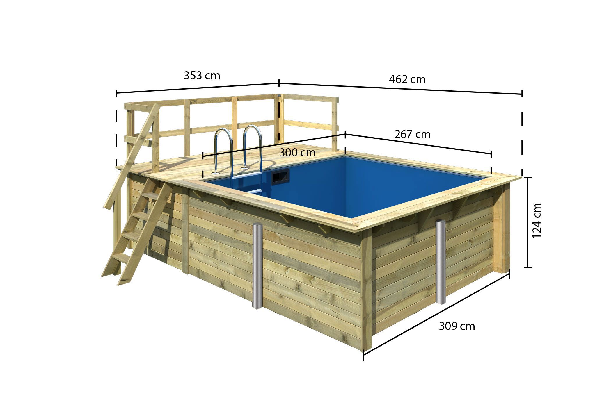 Bemaßte Maßzeichnung des Karibu Rechteck Pool 1, 309 × 276 cm