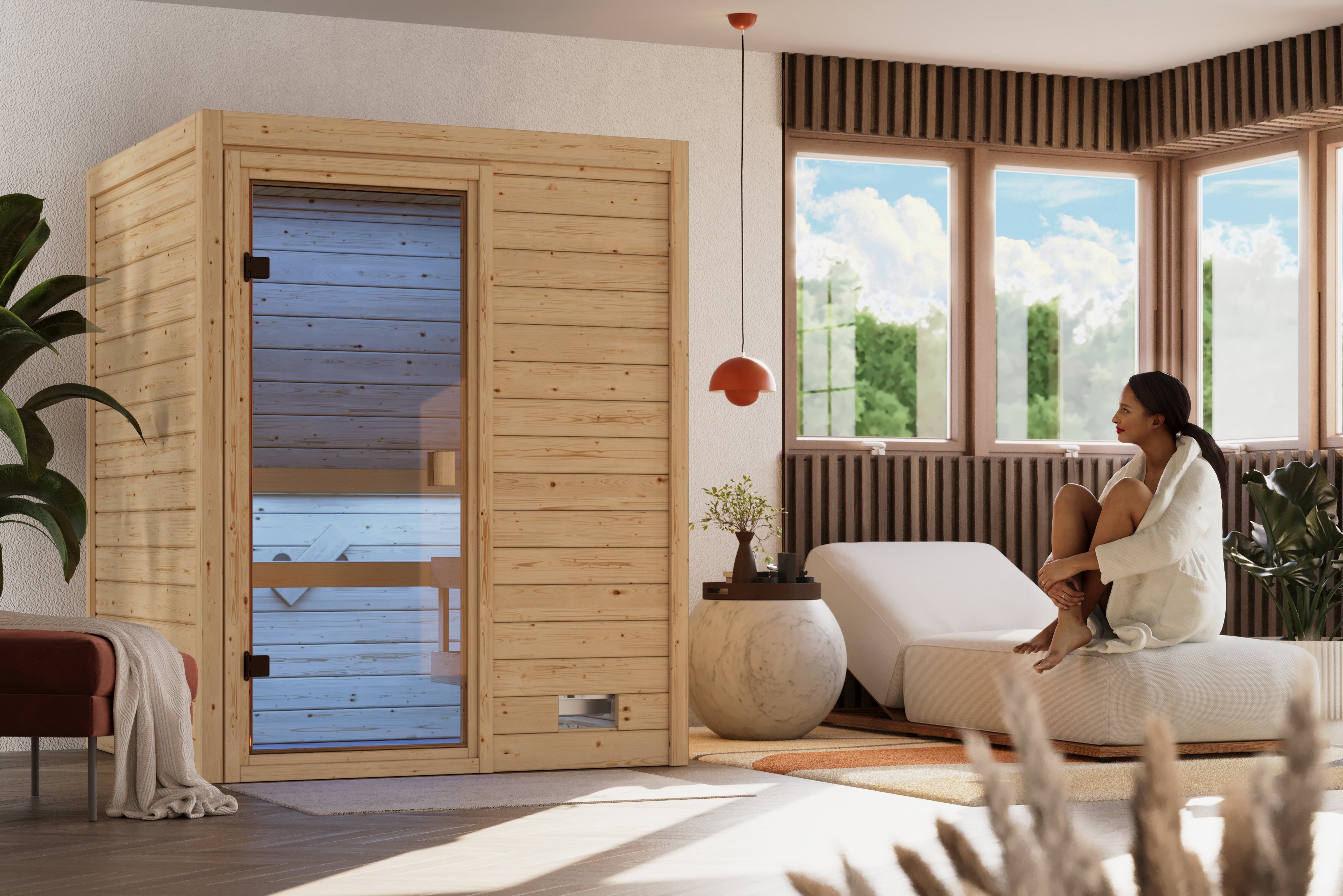 Karibu Sauna Ria als stimmungsvoller Wellnessbereich in einem modern eingerichteten Wohnraum