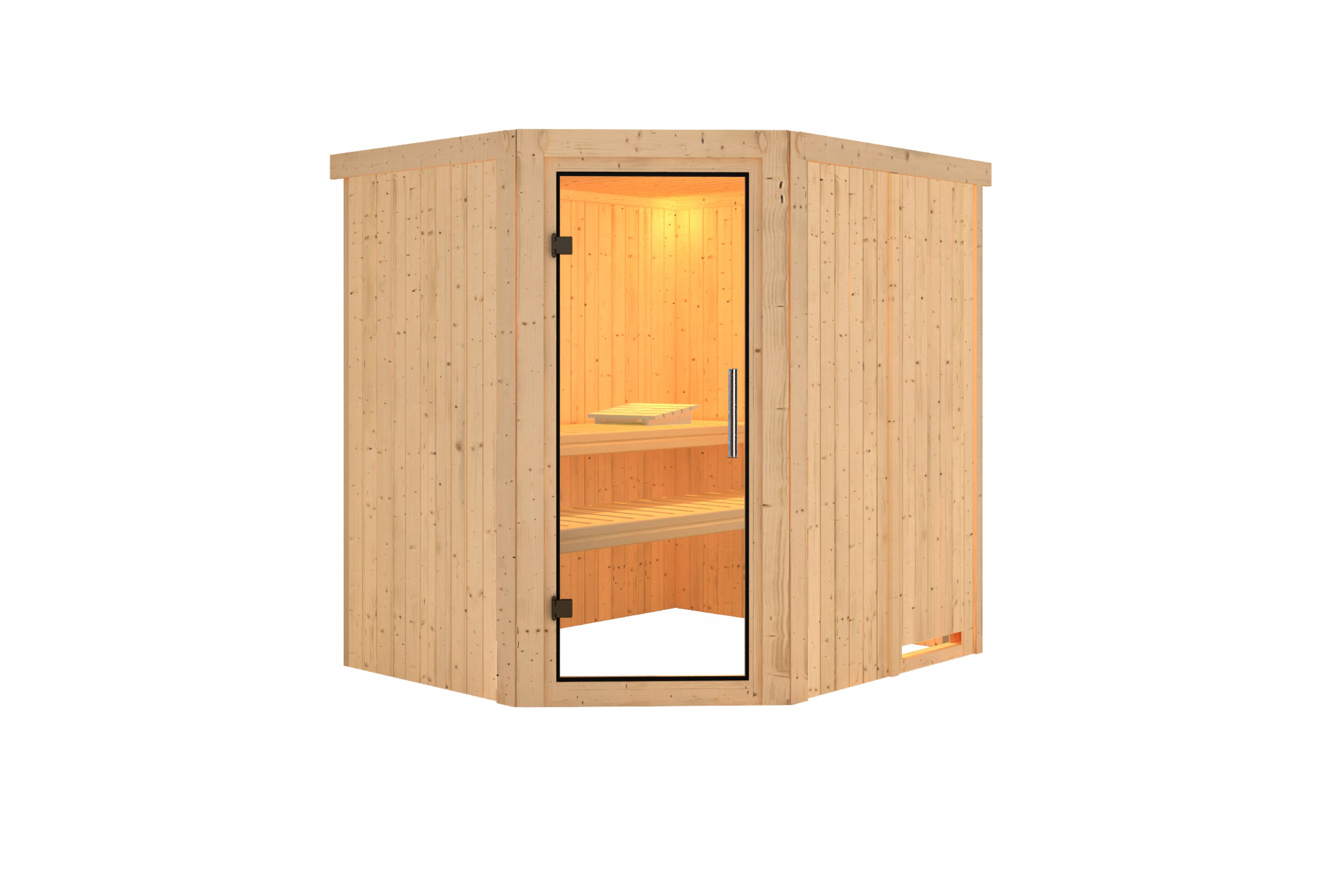 Innenansicht der Karibu Sauna Siirin mit Liegen und Kopfstütze aus hellem Espenholz