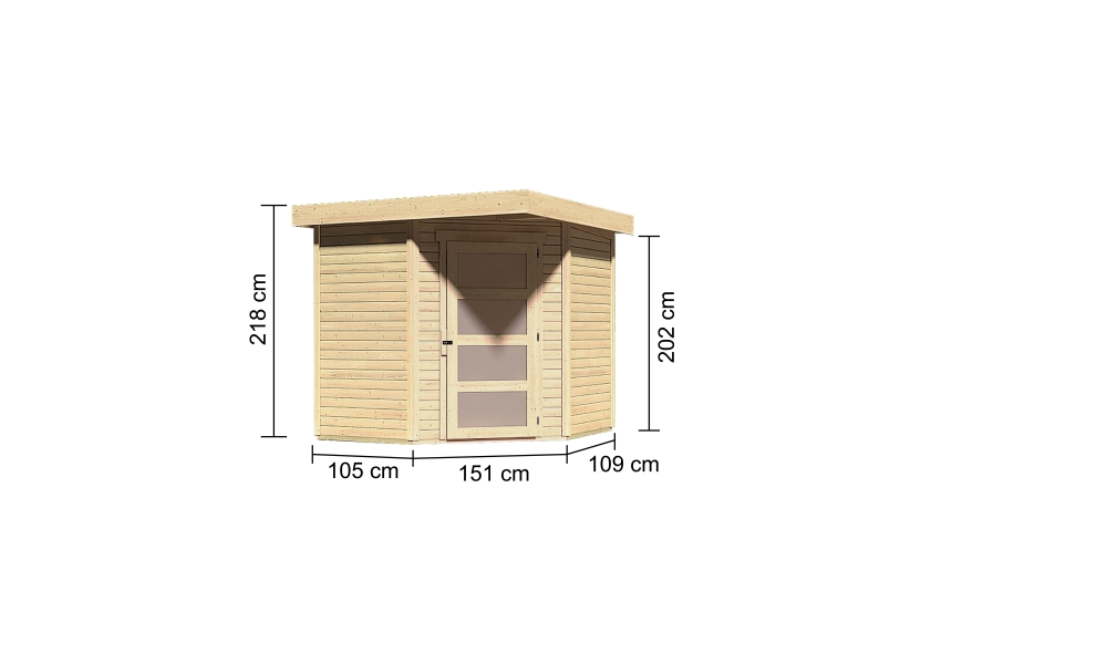 Bemaßte Maßzeichnung des Karibu Gerätehaus Schwandorf 3 mit Bemaßung