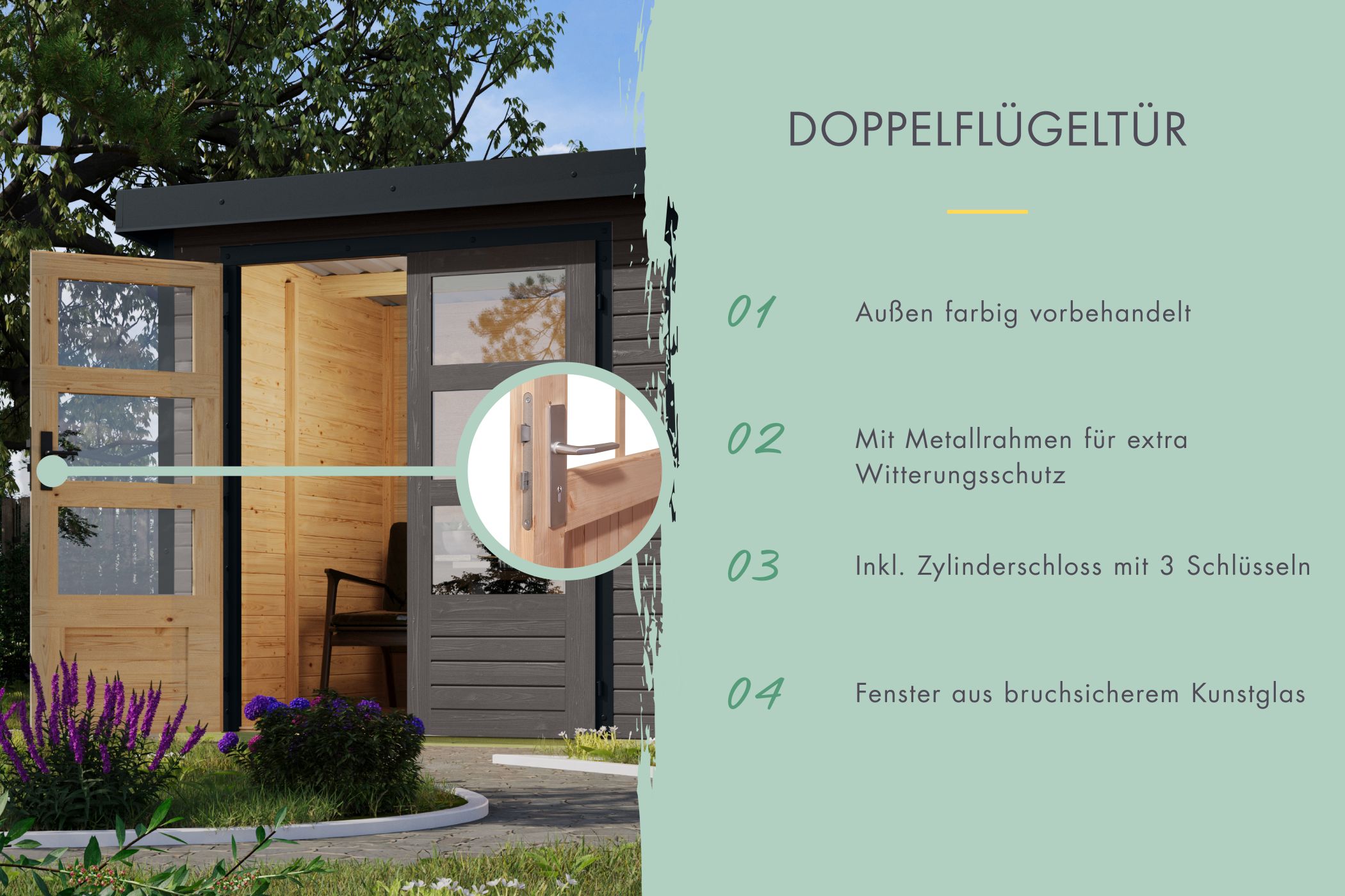 Doppelflügeltür des Karibu Gartenhaus Holz & Metall Jupiter 2 mit Zylinderschloss und Kunstglas