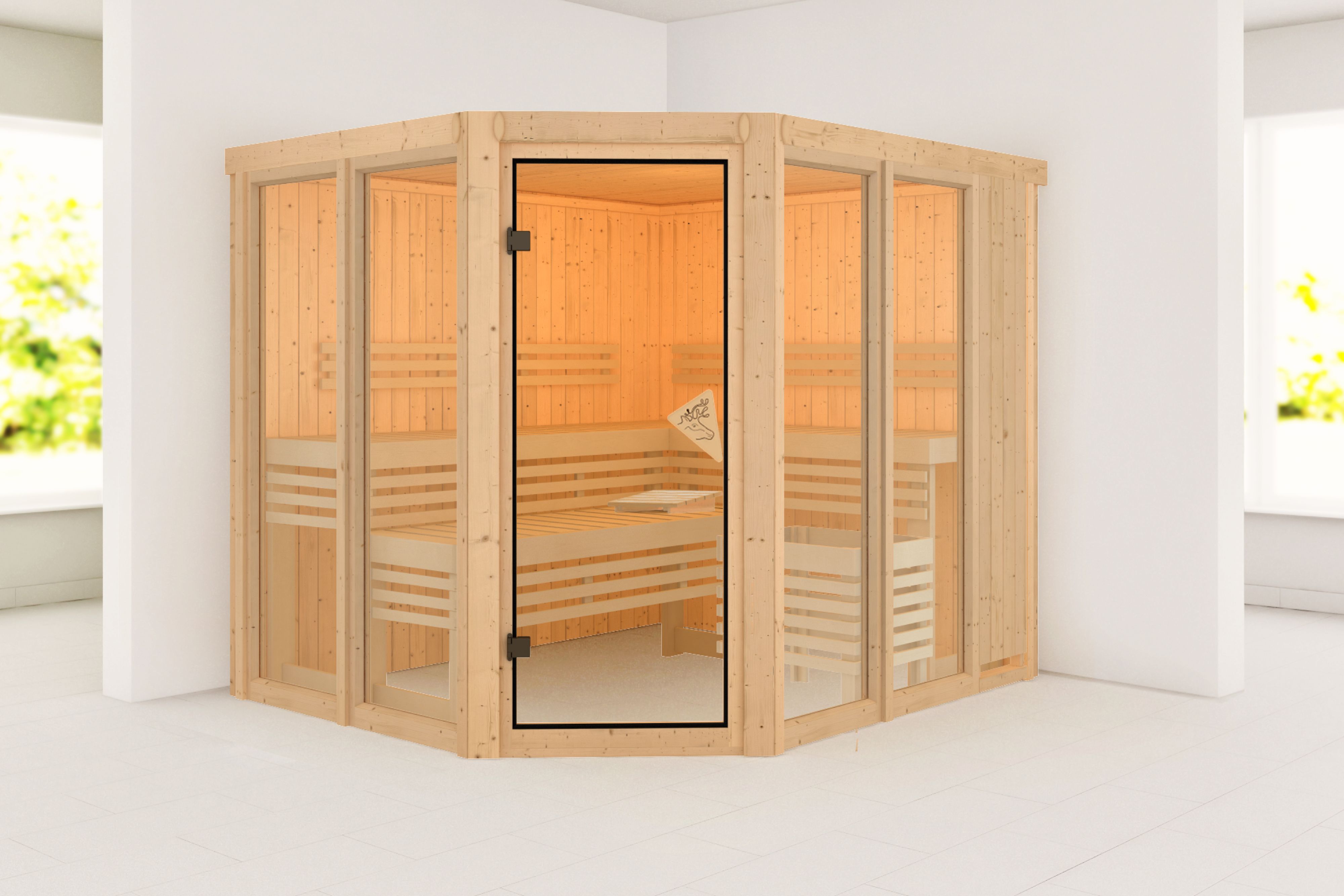 Außenansicht der Karibu Sauna Ainur aus nordischer Fichte mit Ganzglastür und Fronteinstieg