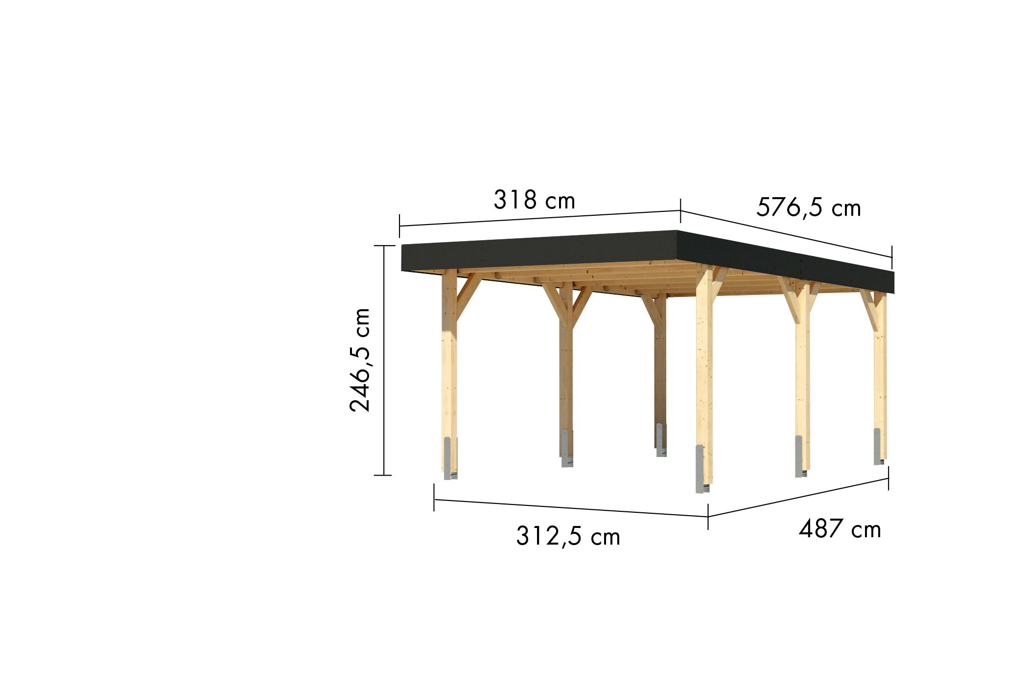 Maßzeichnung des Karibu Einzelcarport Leimholz 1 mit Dachmaß 318 × 576 cm und Durchfahrtshöhe 222 cm