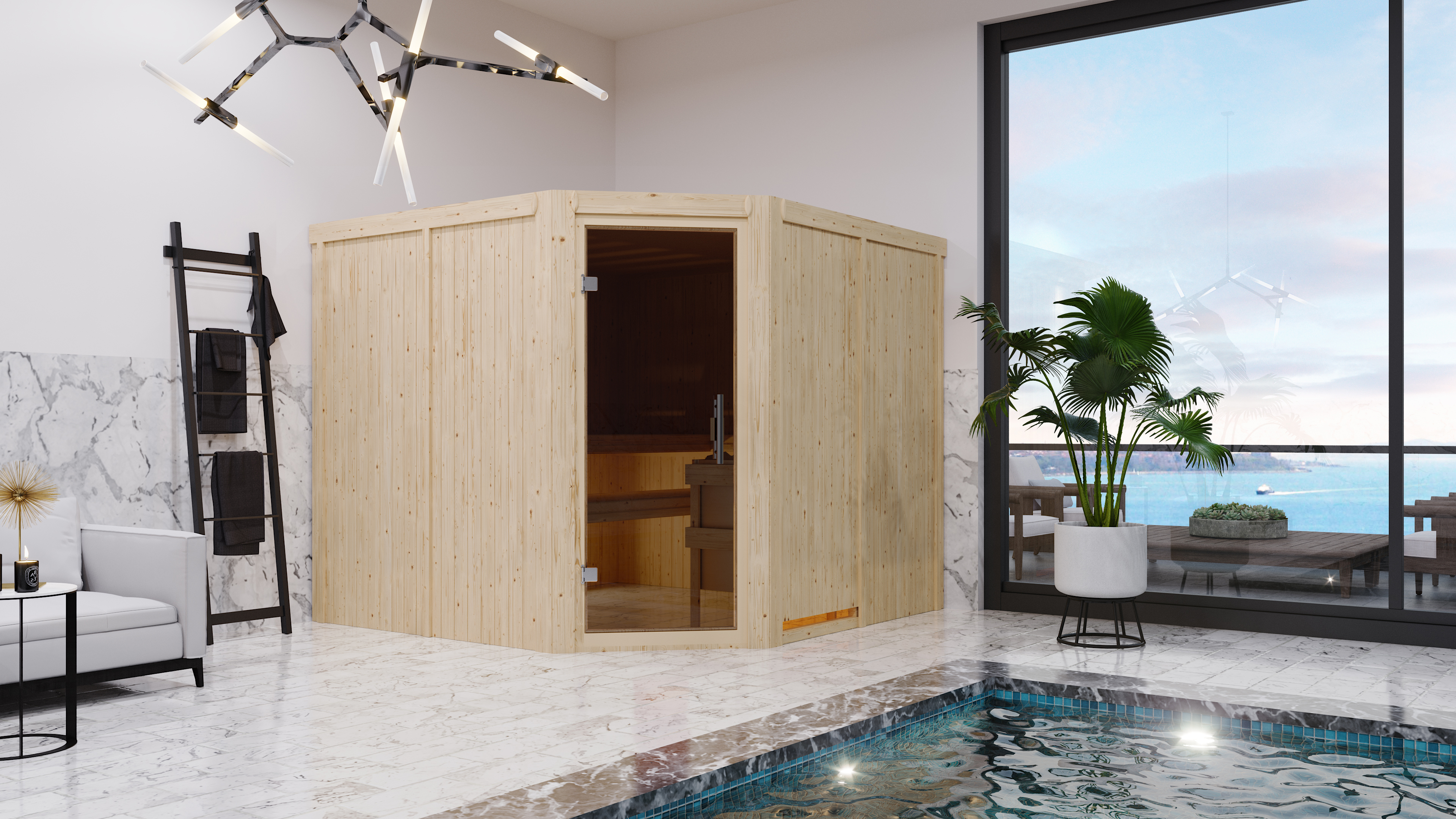 Karibu Sauna Malin als stimmungsvoller Wellnessbereich in einem modern eingerichteten Wohnraum