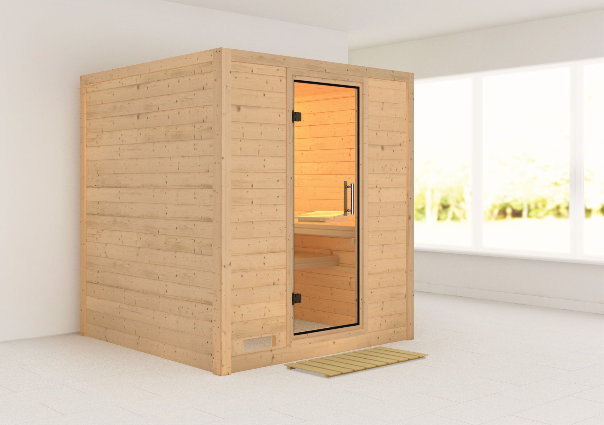 Außenansicht der Karibu Sauna Mojave aus nordischer Fichte mit Klarglas-Ganzglastür und Fronteinstieg