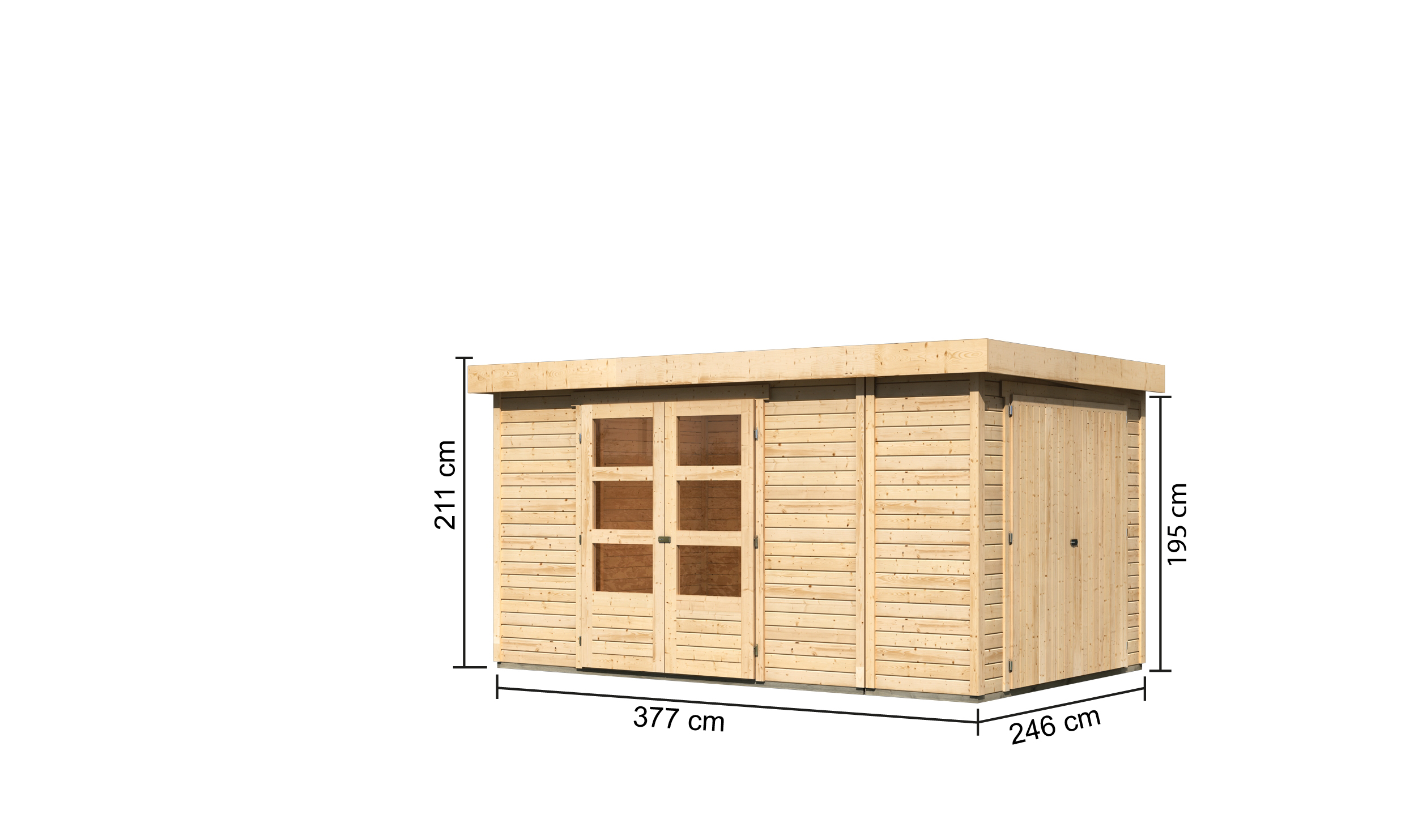 Bemaßte Maßzeichnung des Karibu großes Gerätehaus Retola 6, 377 × 246 cm