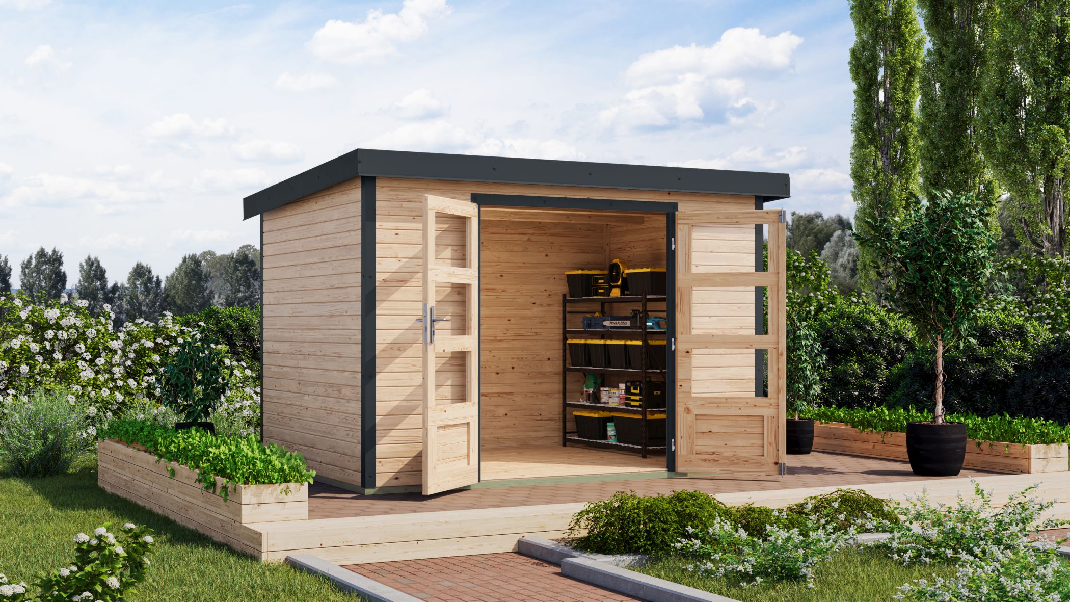 Karibu Gartenhaus Holz & Metall Jupiter 4 in Naturbelassen mit Metall in Anthrazit im Garten