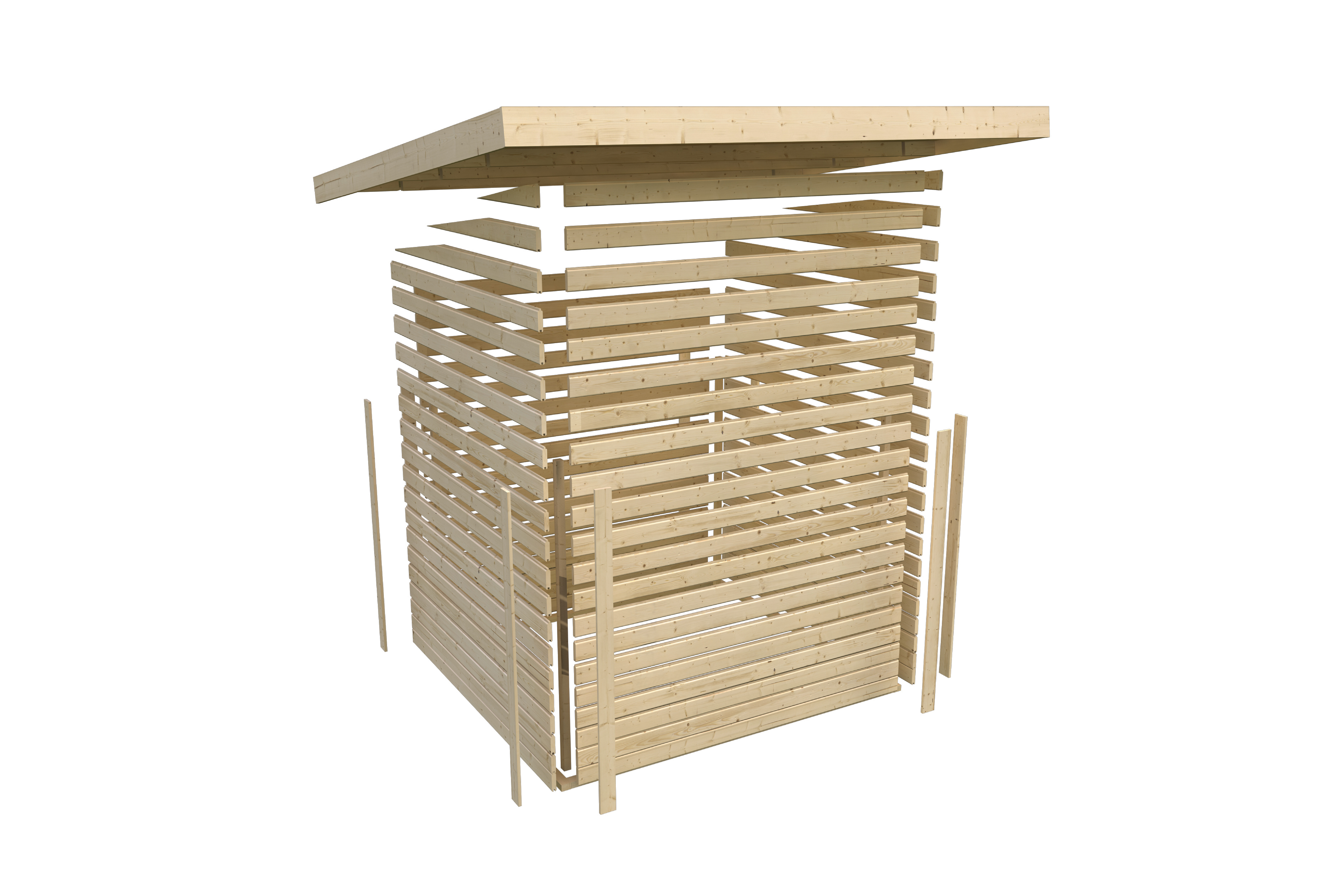 Aufbaudarstellung des Karibu Gartenhaus Kastorf 7 mit Wandprofilen und Pultdach