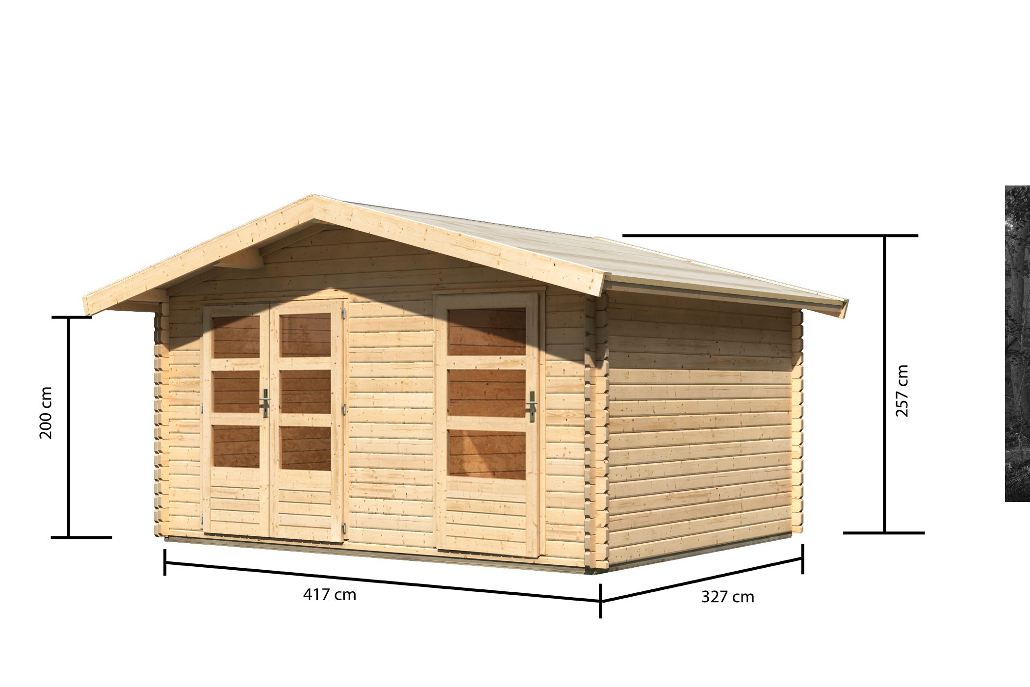 Maßzeichnung der Karibu großes Gartenhaus Lagor 1 mit Bemaßung von Grundfläche und Höhe