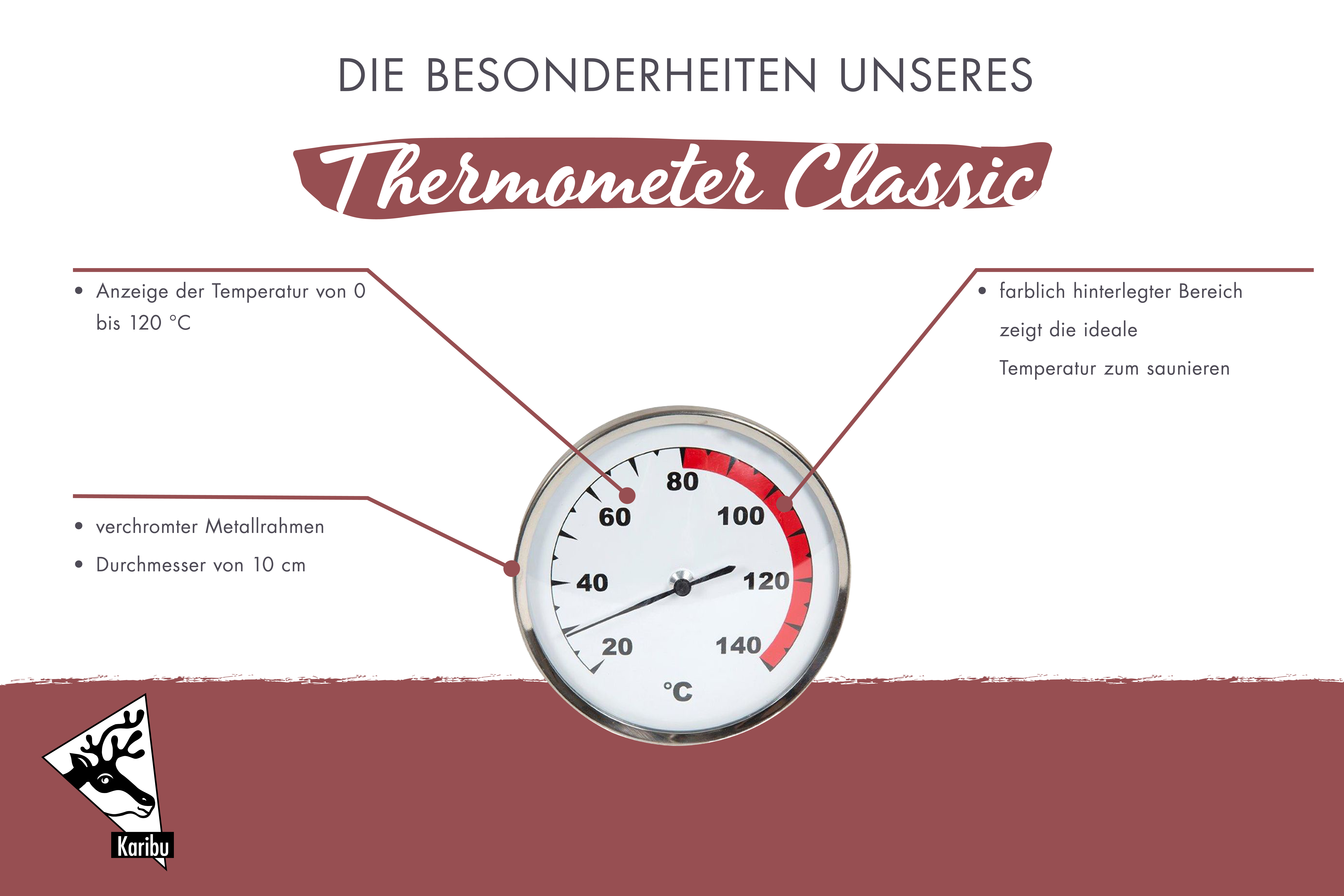 Maßzeichnung der Karibu Thermometer Classic mit Bemaßung von Grundfläche und Höhe