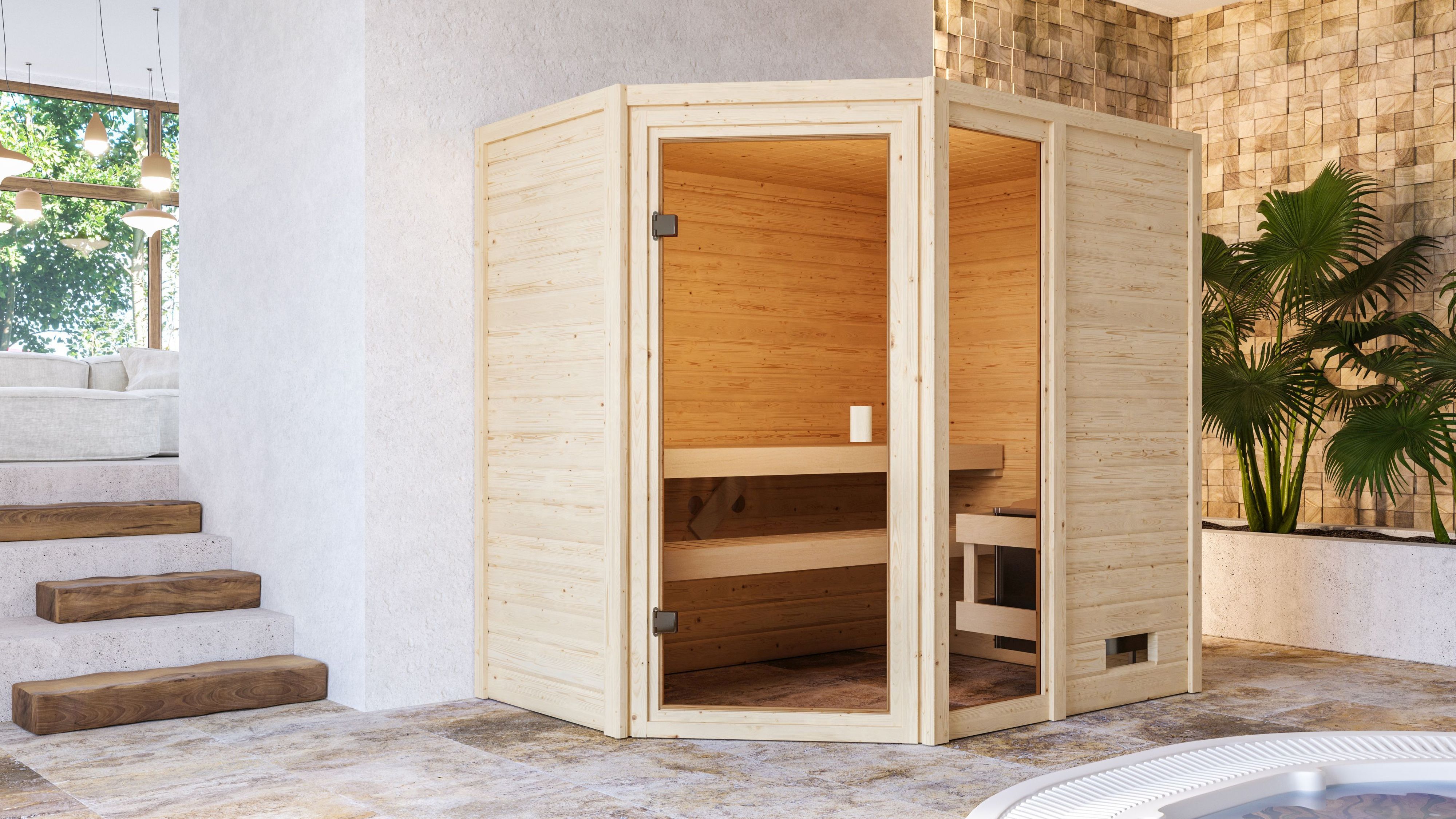 Karibu Sauna Valida 2 Eckeinstieg mit Fenster als hochwertige Sauna aus nordischer Fichte im Wohnraum-Ambiente