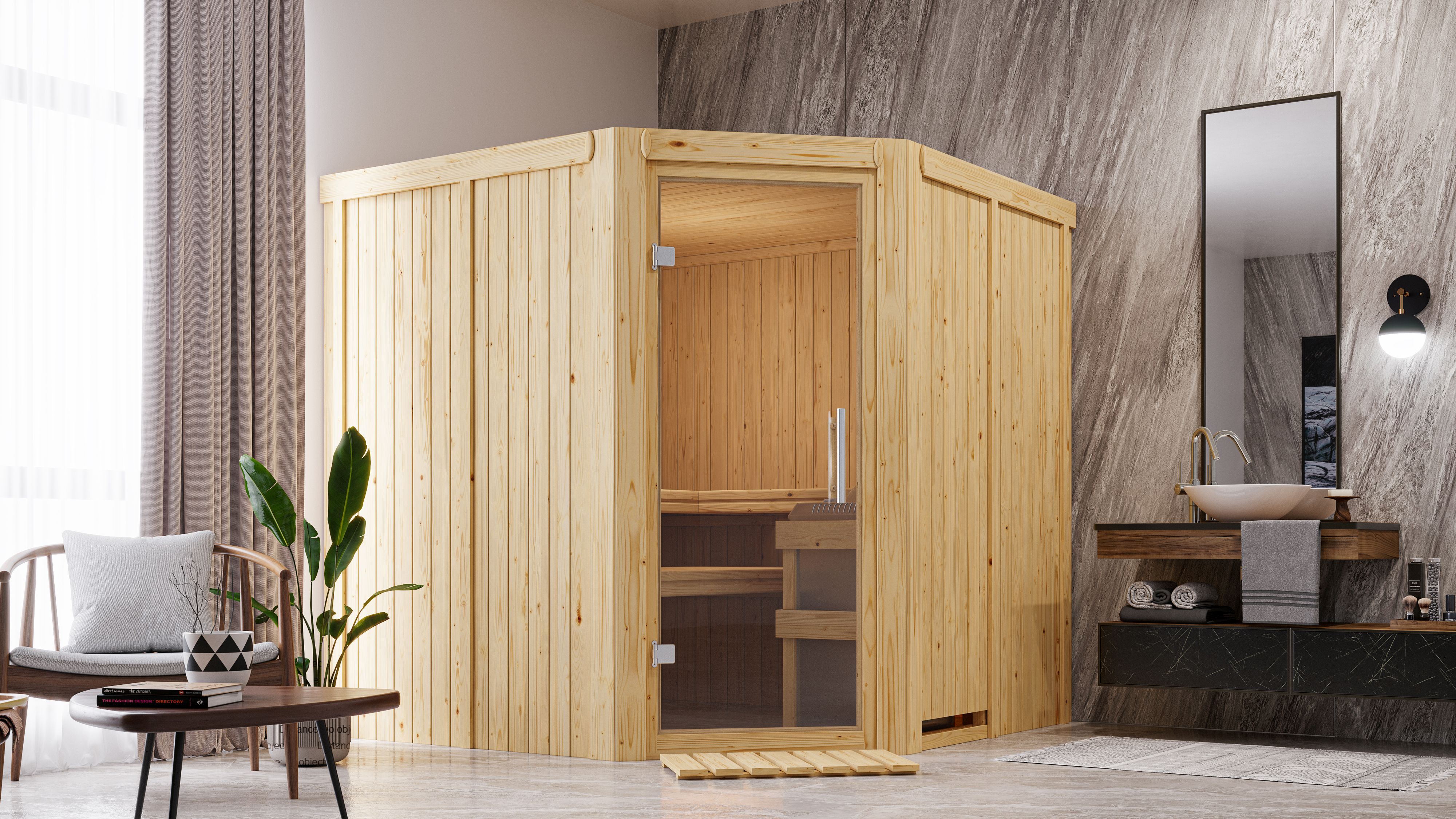 Karibu Sauna Jarin als hochwertige Sauna aus nordischer Fichte im Wohnraum-Ambiente