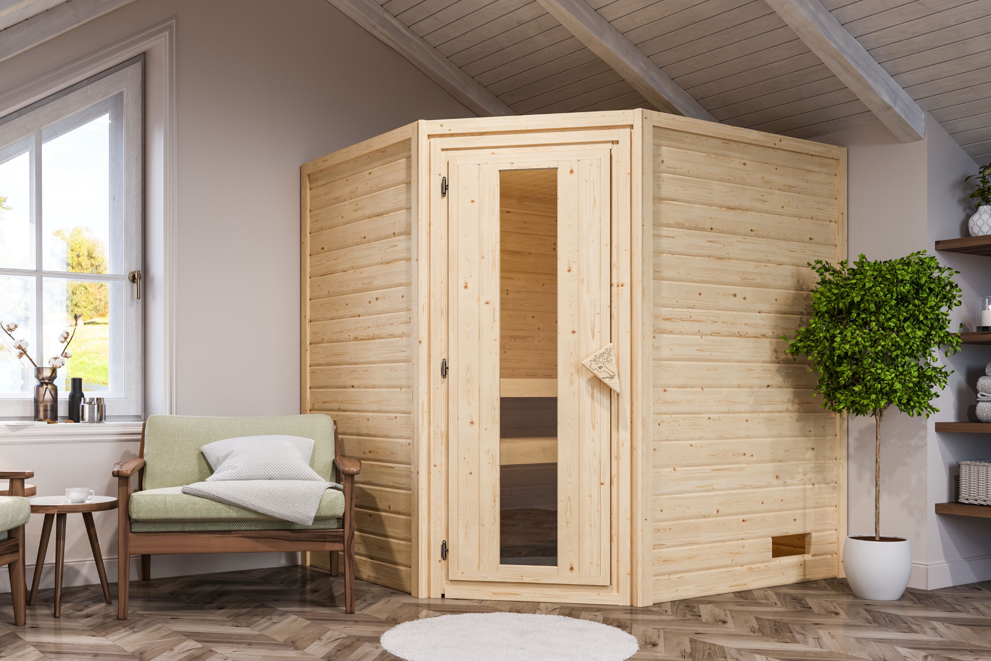 Karibu Sauna Mia als hochwertige Sauna aus nordischer Fichte im Wohnraum-Ambiente
