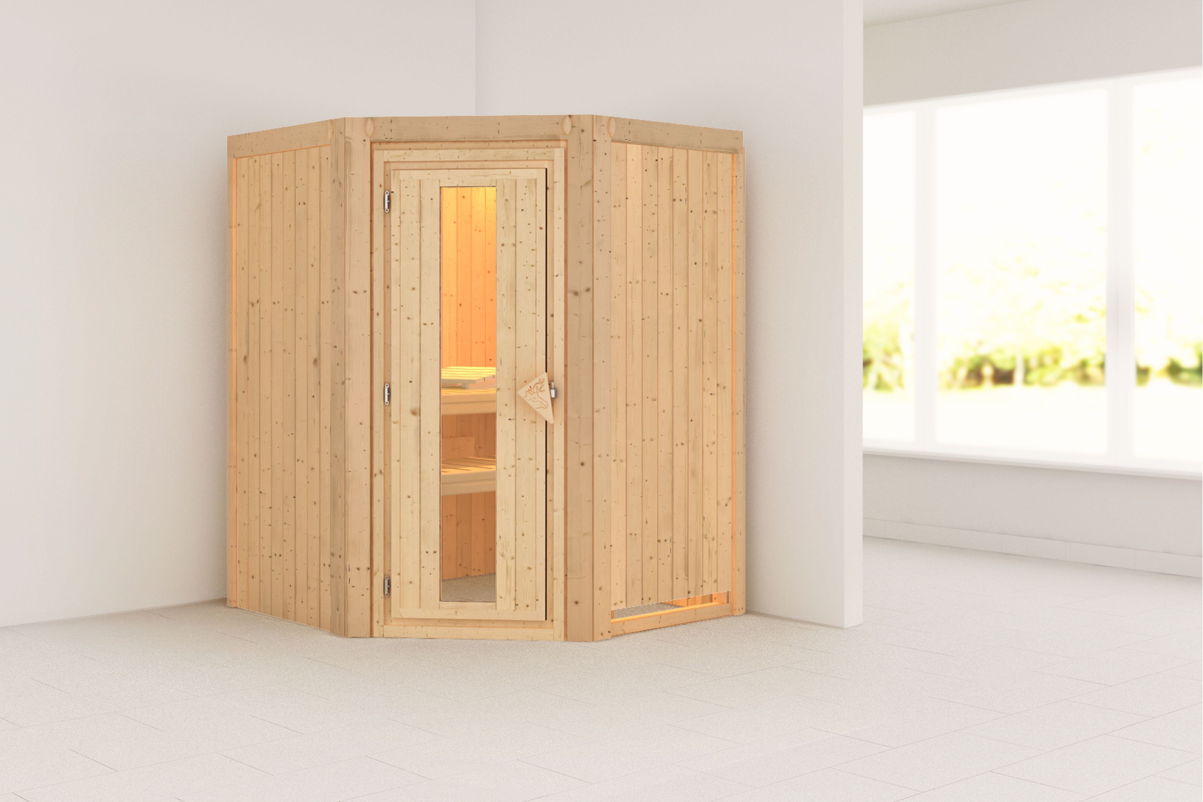 Außenansicht der Karibu Sauna Larin aus nordischer Fichte mit isolierter Holztür und Fronteinstieg