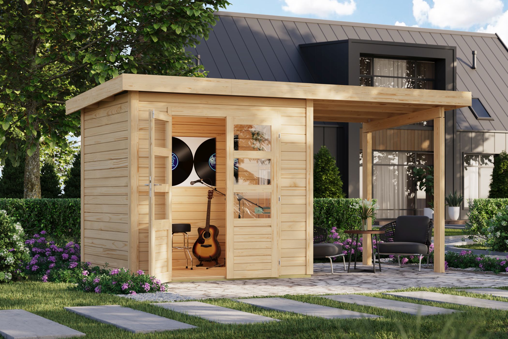 Karibu Gartenhaus Kolbin 2 XXL in Naturbelassen im Garten