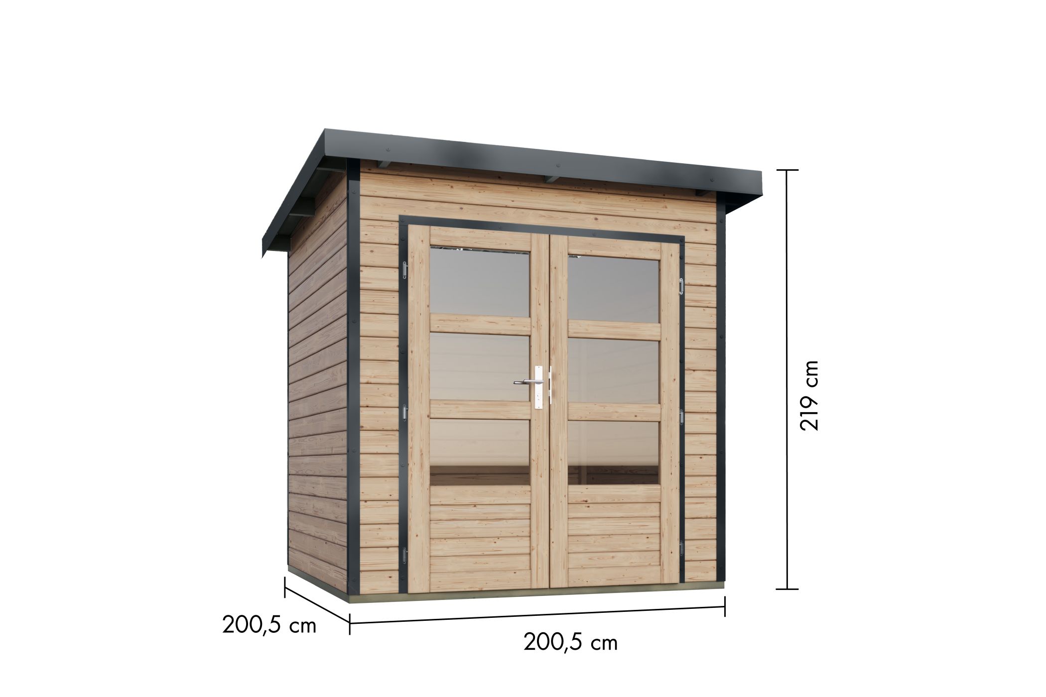Bemaßte Maßzeichnung des Karibu Gartenhaus Holz & Metall Pluto 1, 200 × 200 cm