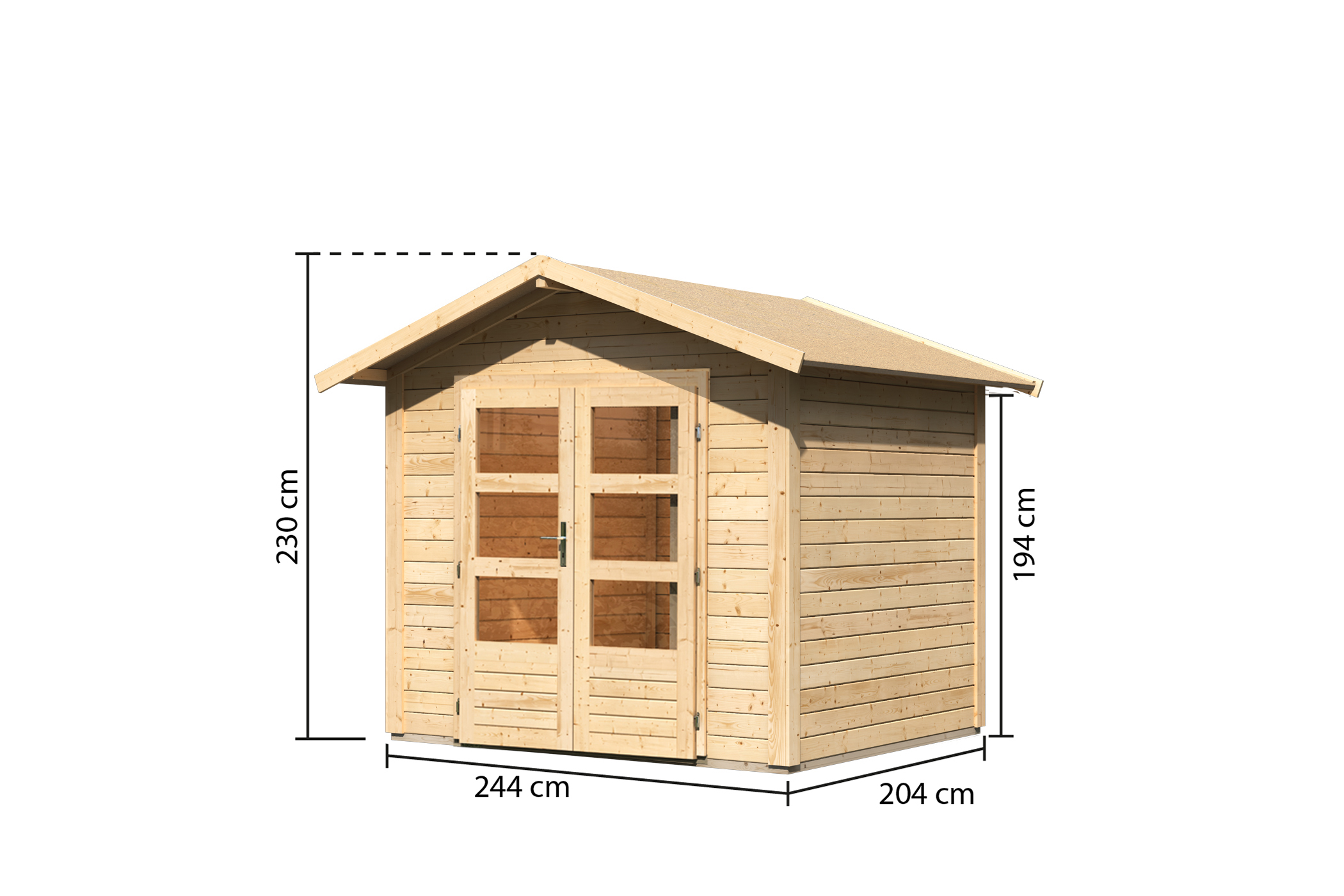 Bemaßte Maßzeichnung des Karibu Gartenhaus Talkau 3, 244 × 204 cm