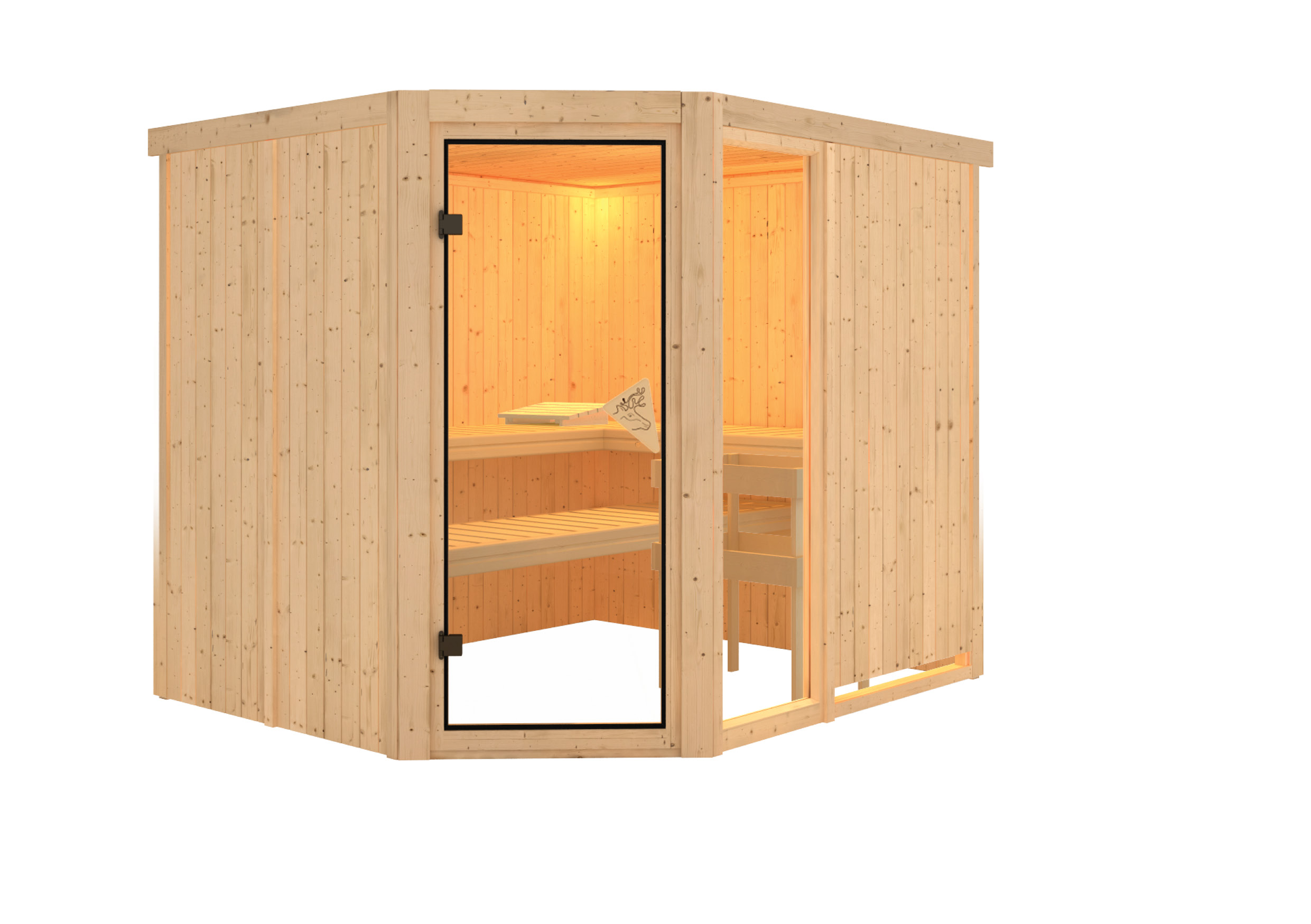 Innenansicht der Karibu Sauna Fiona 3 mit Liegen und Kopfstütze aus hellem Espenholz