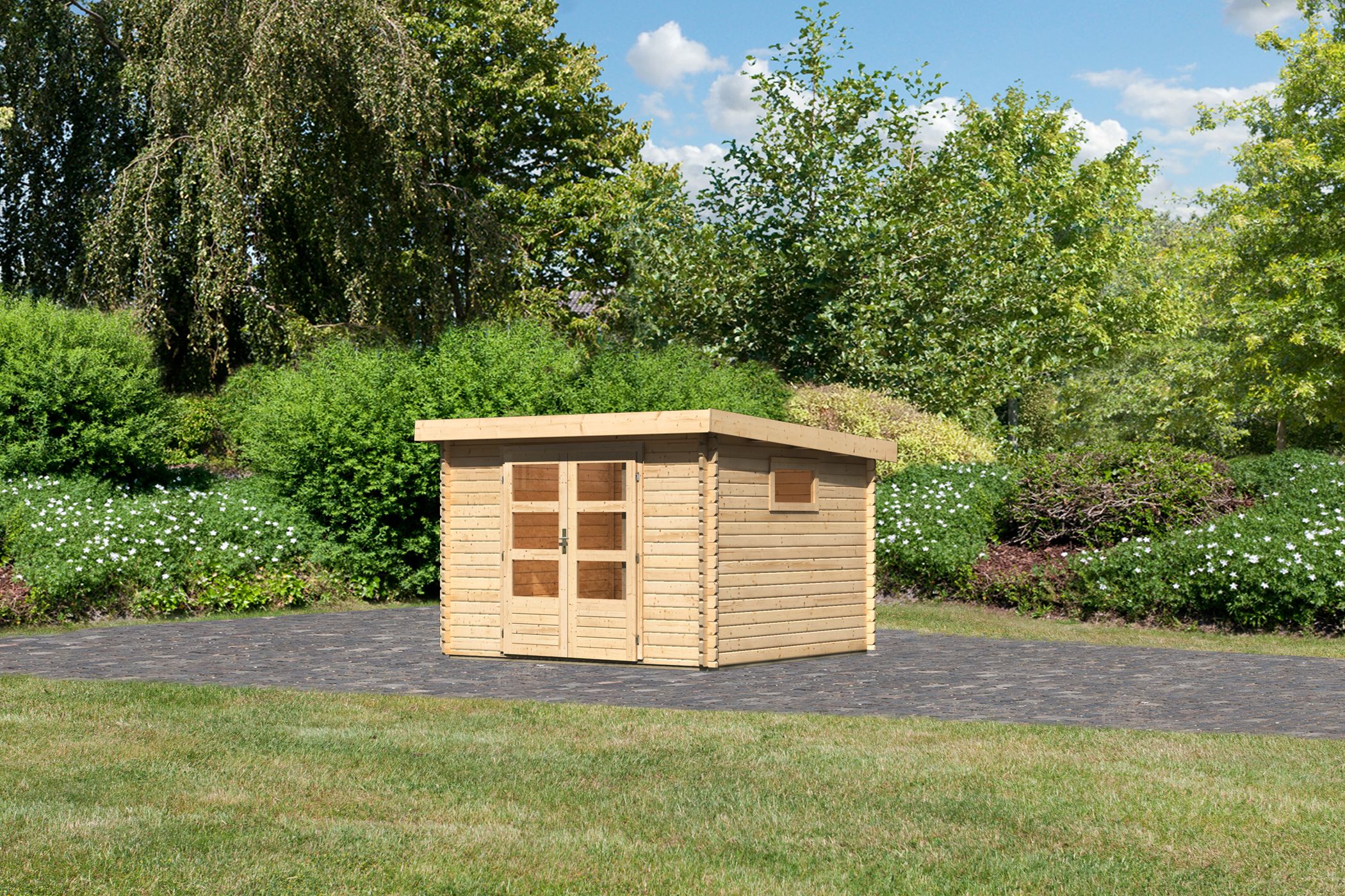 Ausstattungsübersicht des Karibu Gartenhaus Trittau 3 in 38-mm-Blockbohlenbauweise mit Doppelflügeltür und Massivholzdach
