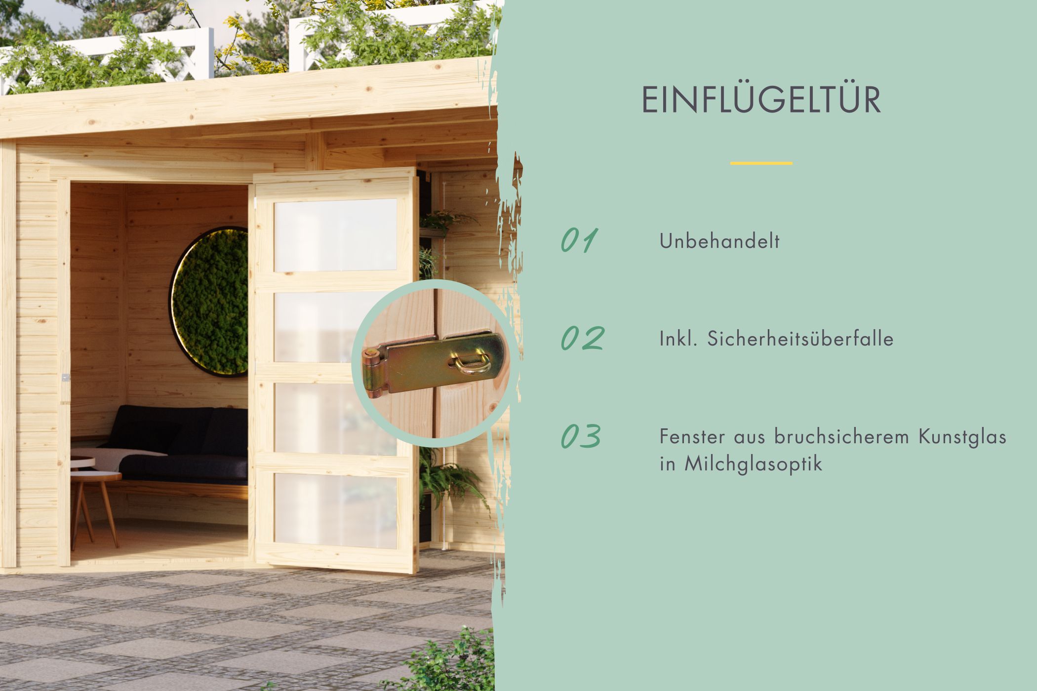 Doppelflügeltür des Karibu großes Gerätehaus Mühlentrup 1 mit Zylinderschloss und Kunstglas