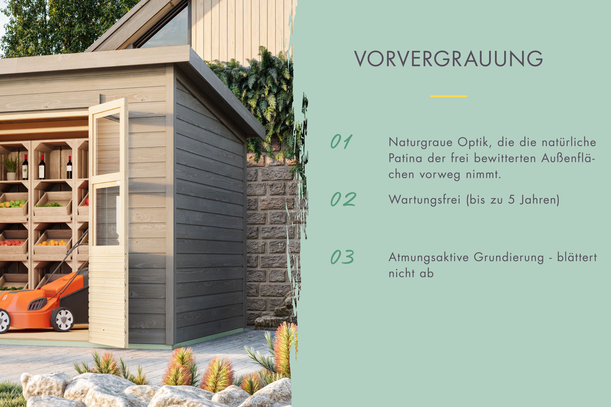14-mm-Blockbohlenbauweise des Karibu Gerätehaus Merseburg 3 mit Nut-und-Feder-Verbindung