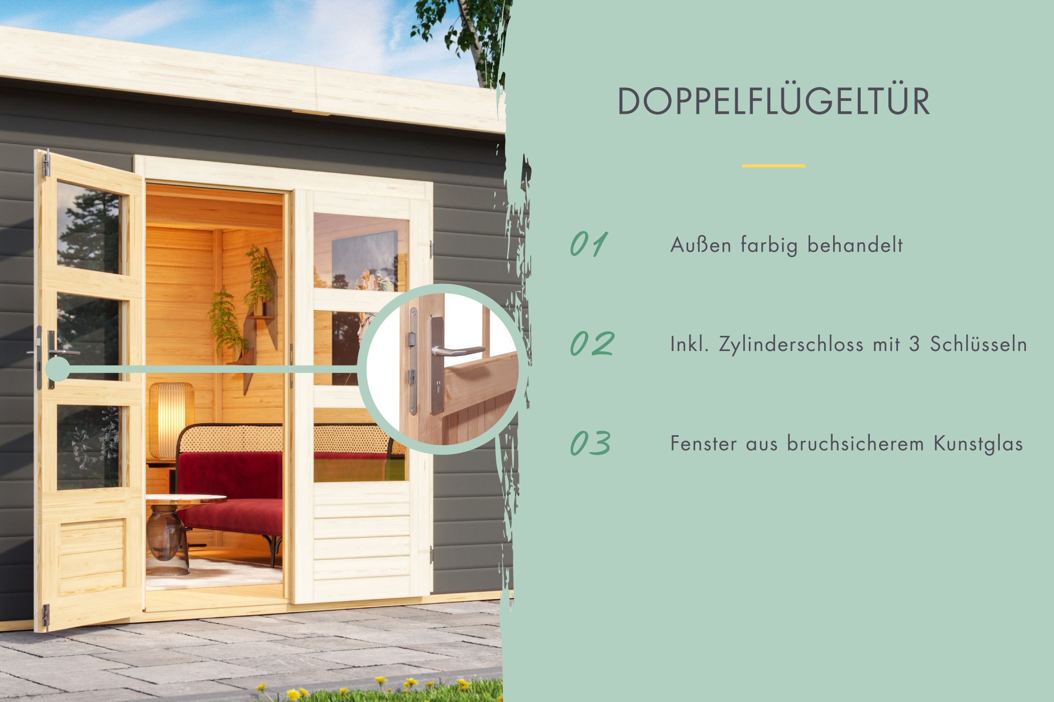Doppelflügeltür des Karibu Gartenhaus Kandern 3 mit Zylinderschloss und Kunstglas