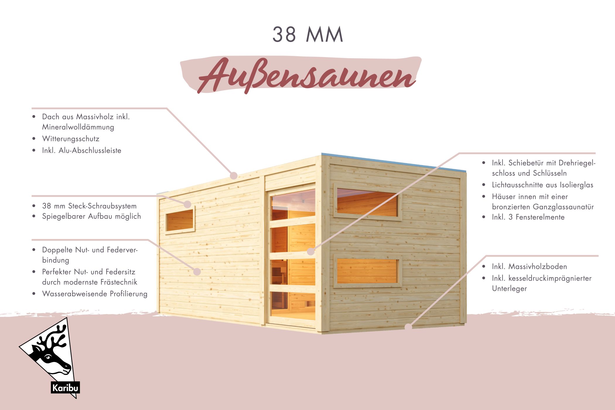 Karibu Saunahaus Hygge mit Vorraum als Gartensauna aus Massivholz im Garten mit Glasfront