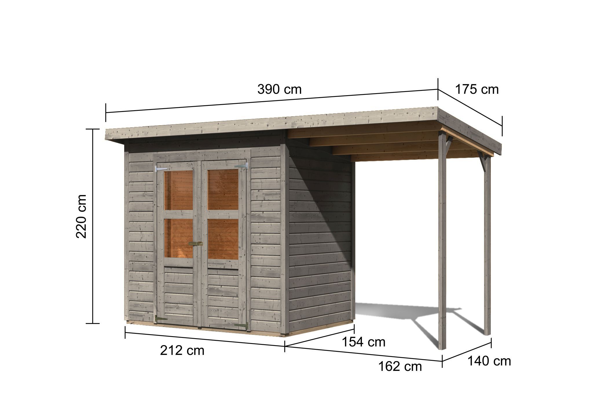 Bemaßte Maßzeichnung des Karibu Gerätehaus Merseburg 3 mit Anbaudach, 390 × 175 cm