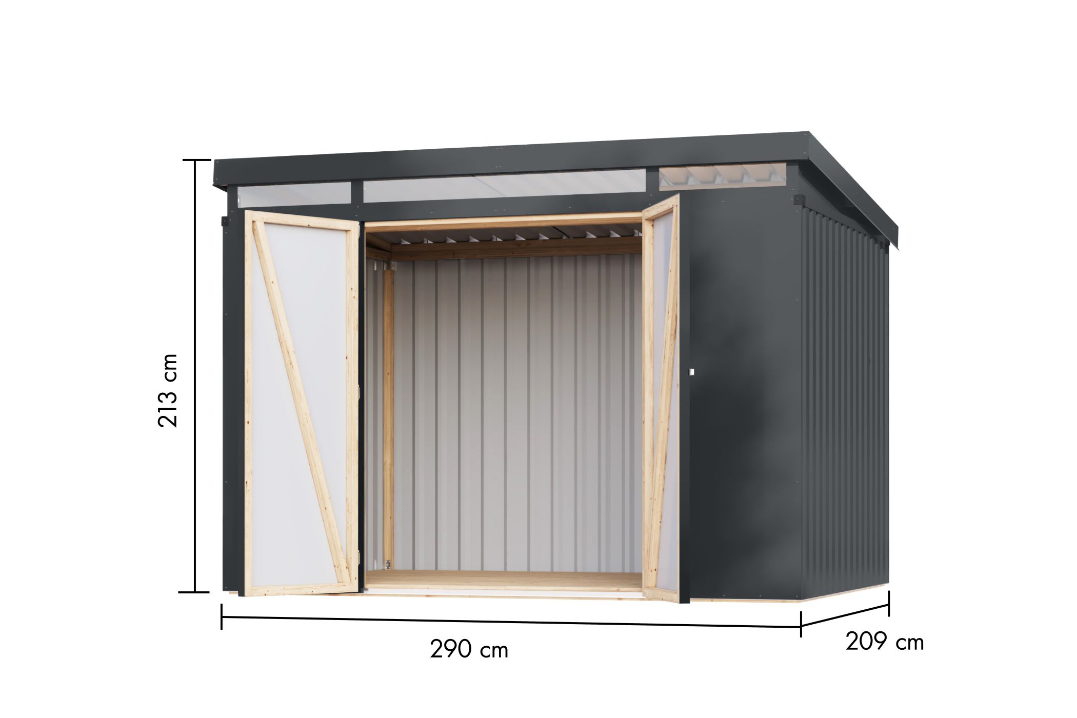 Bemaßte Maßzeichnung des Karibu Gerätehaus aus Metall Iridium 3, 290 × 209 cm