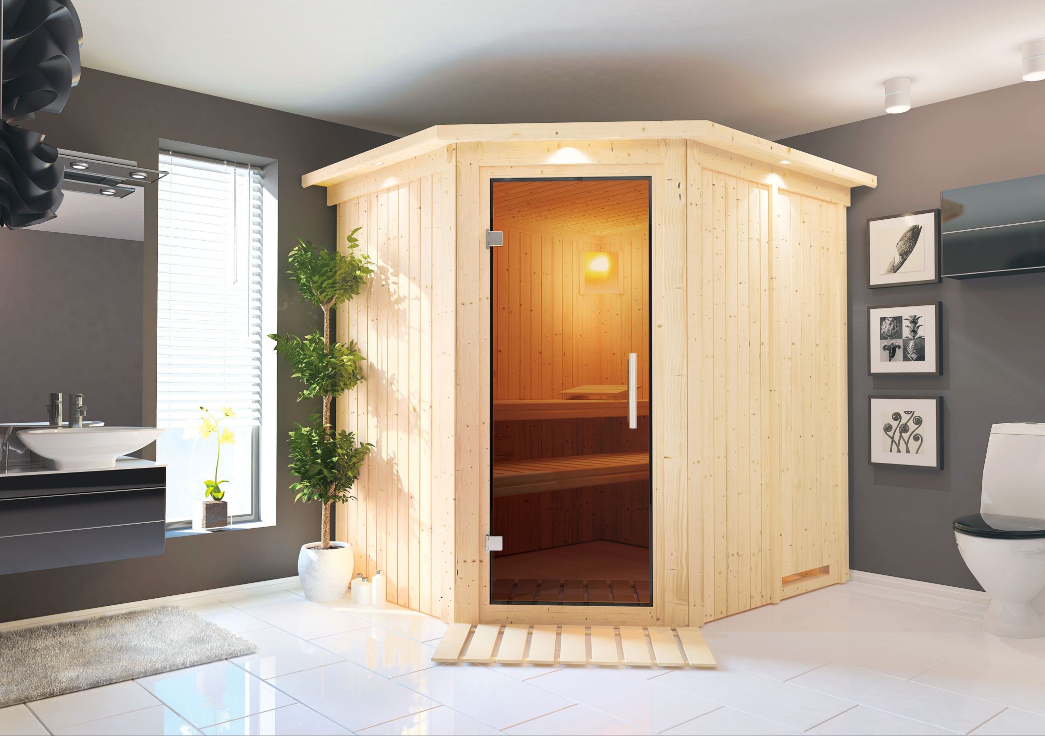Karibu Sauna Lilja als hochwertige Sauna aus nordischer Fichte im Wohnraum-Ambiente