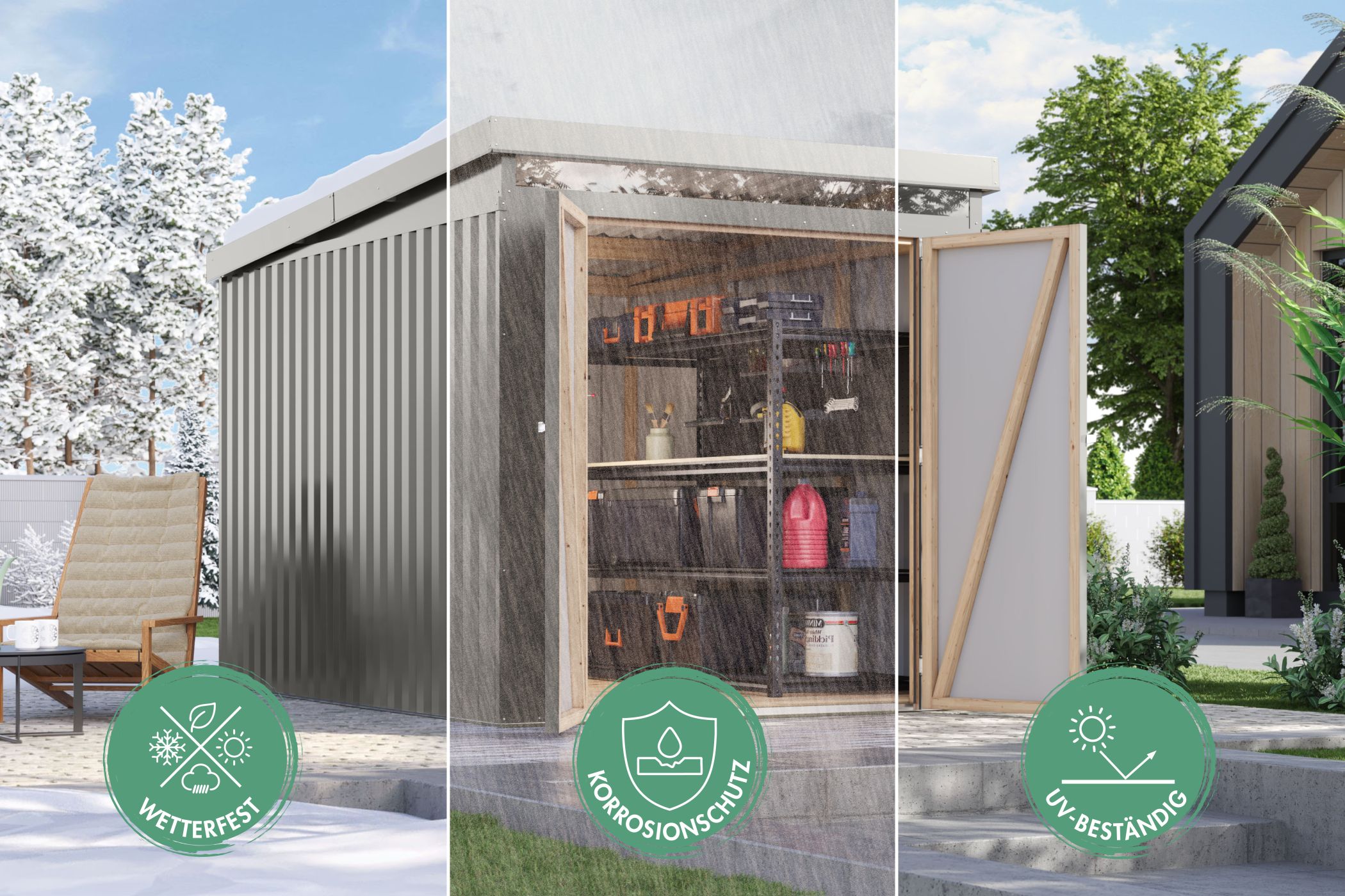 Karibu Gerätehaus aus Metall Aurum 2,5 in Graualuminium im Garten