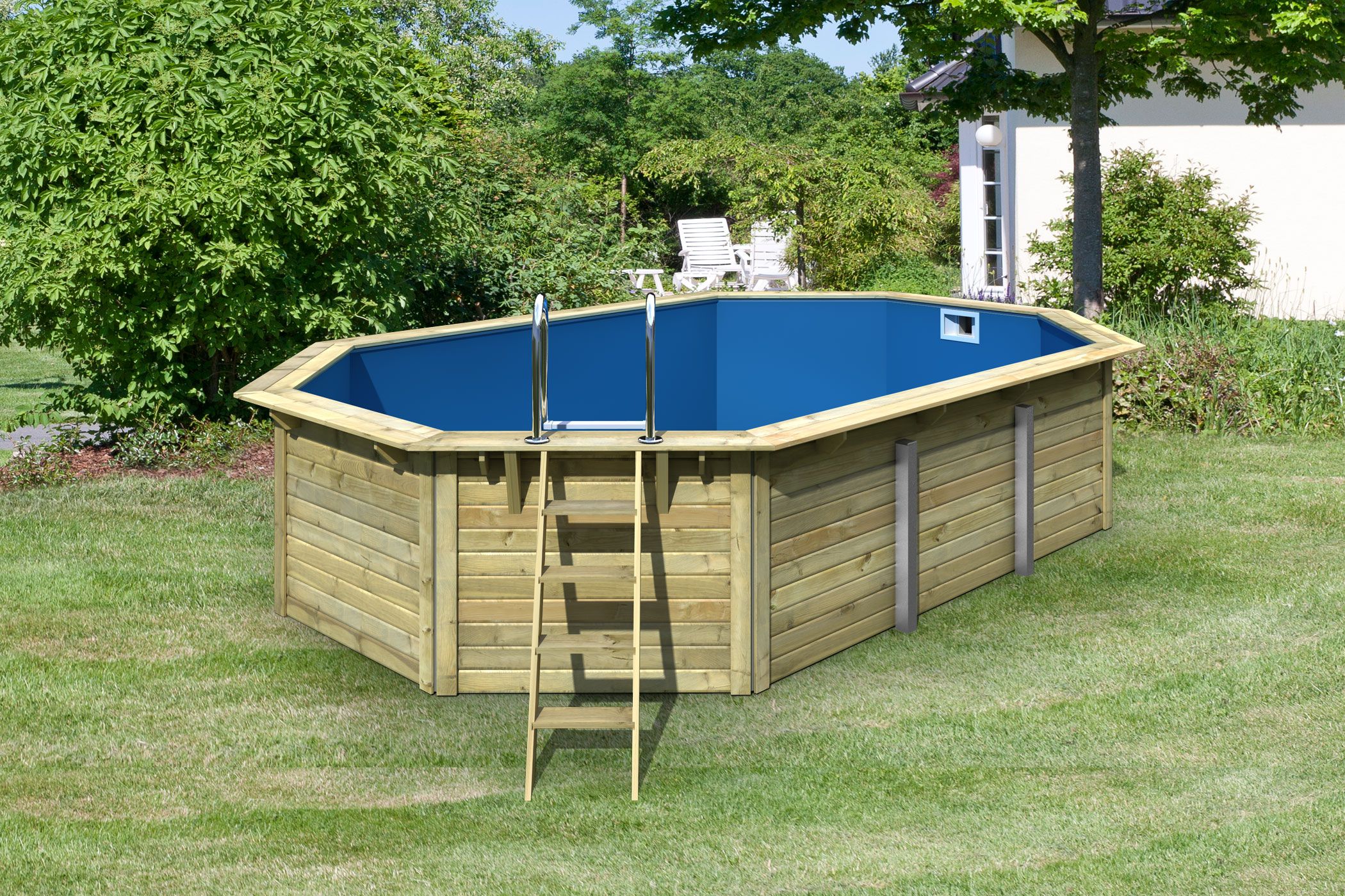 Ausstattungsübersicht des Karibu Pool Modell X4 in 38-mm-Blockbohlenbauweise mit Doppelflügeltür und Massivholzdach
