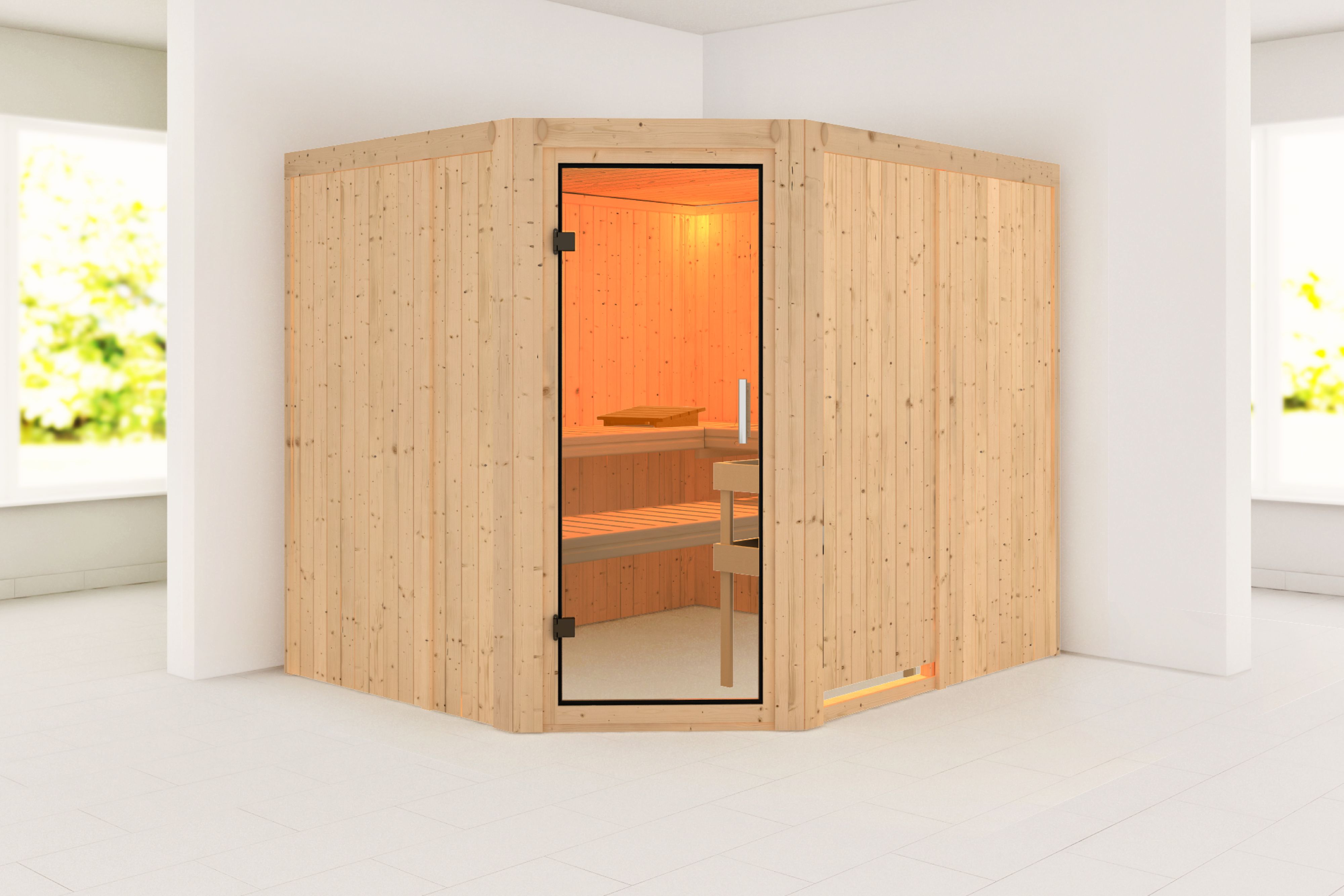 Außenansicht der Karibu Sauna Malin aus nordischer Fichte mit Klarglas-Ganzglastür und Fronteinstieg