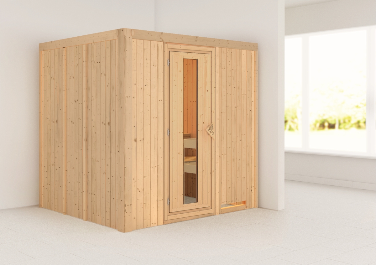 Außenansicht der Karibu Sauna Daria aus nordischer Fichte mit Ganzglastür und Fronteinstieg