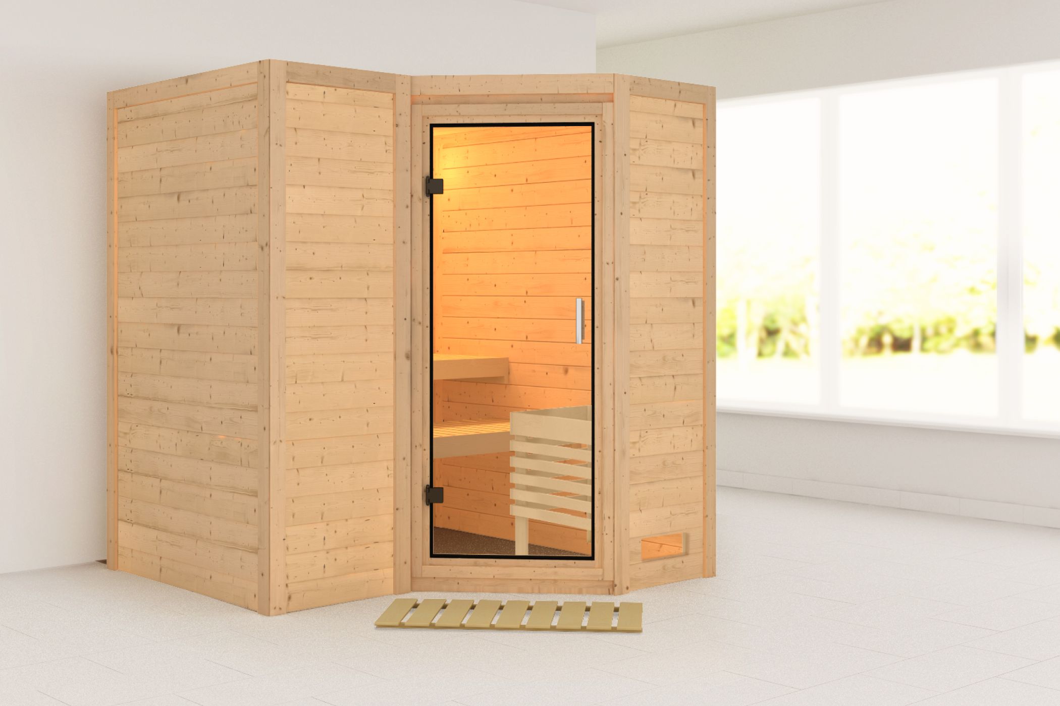 Außenansicht der Karibu Sauna Sahib 1 aus nordischer Fichte mit Klarglas-Ganzglastür und Fronteinstieg