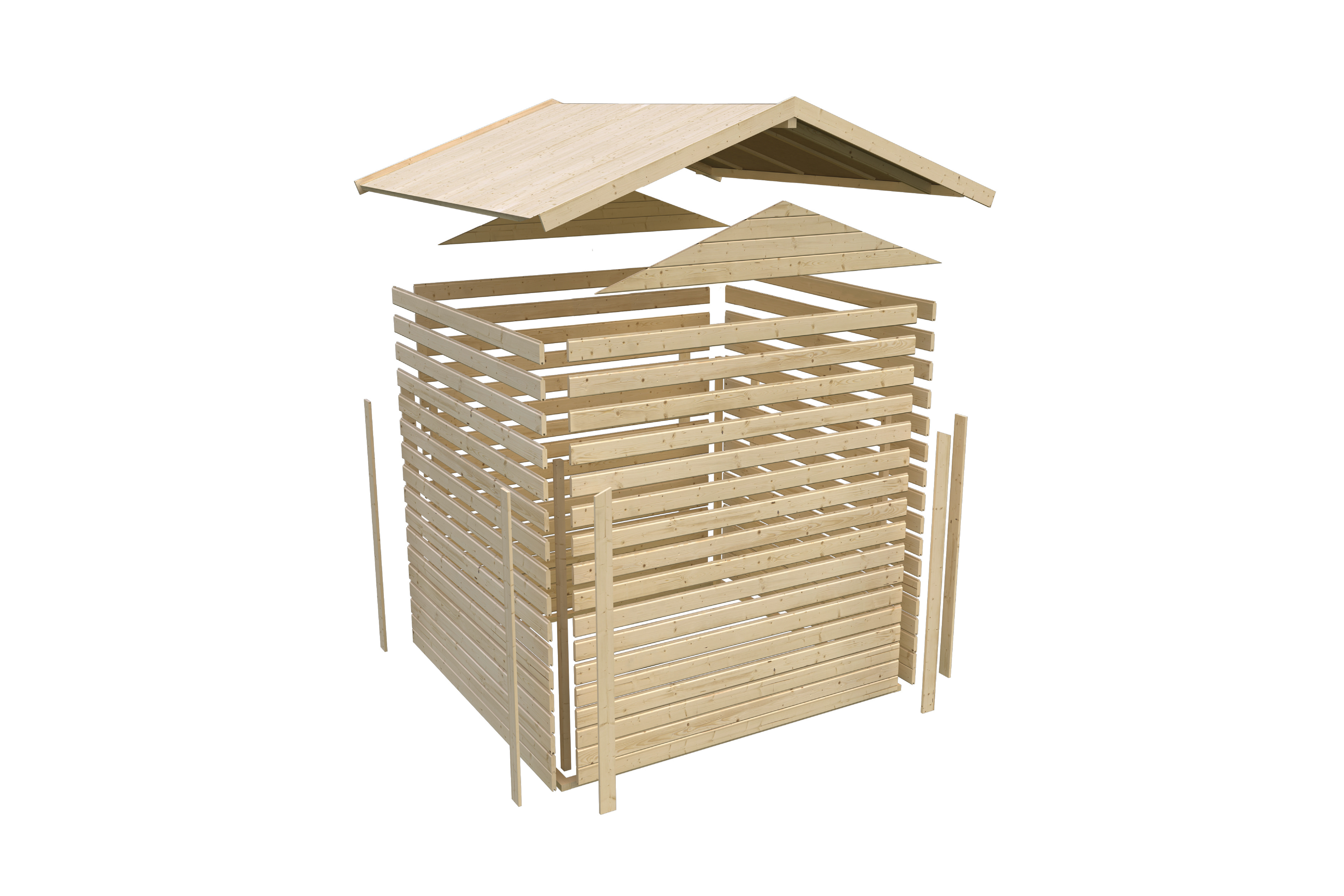 Aufbaudarstellung des Karibu Gartenhaus Talkau 6 mit Wandprofilen und Pultdach