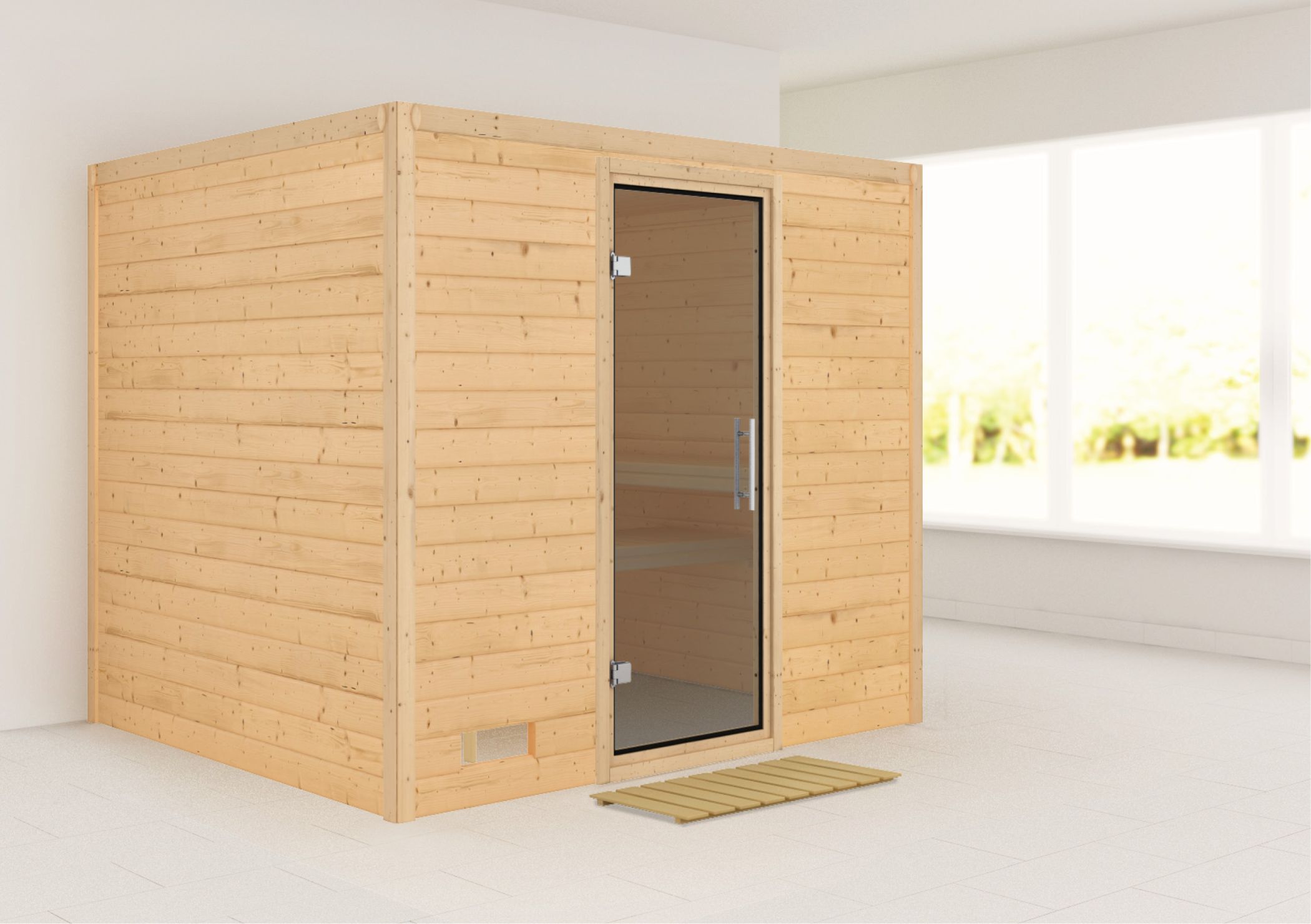 Außenansicht der Karibu Sauna Sonara aus nordischer Fichte mit graphitfarbener Ganzglastür und Fronteinstieg